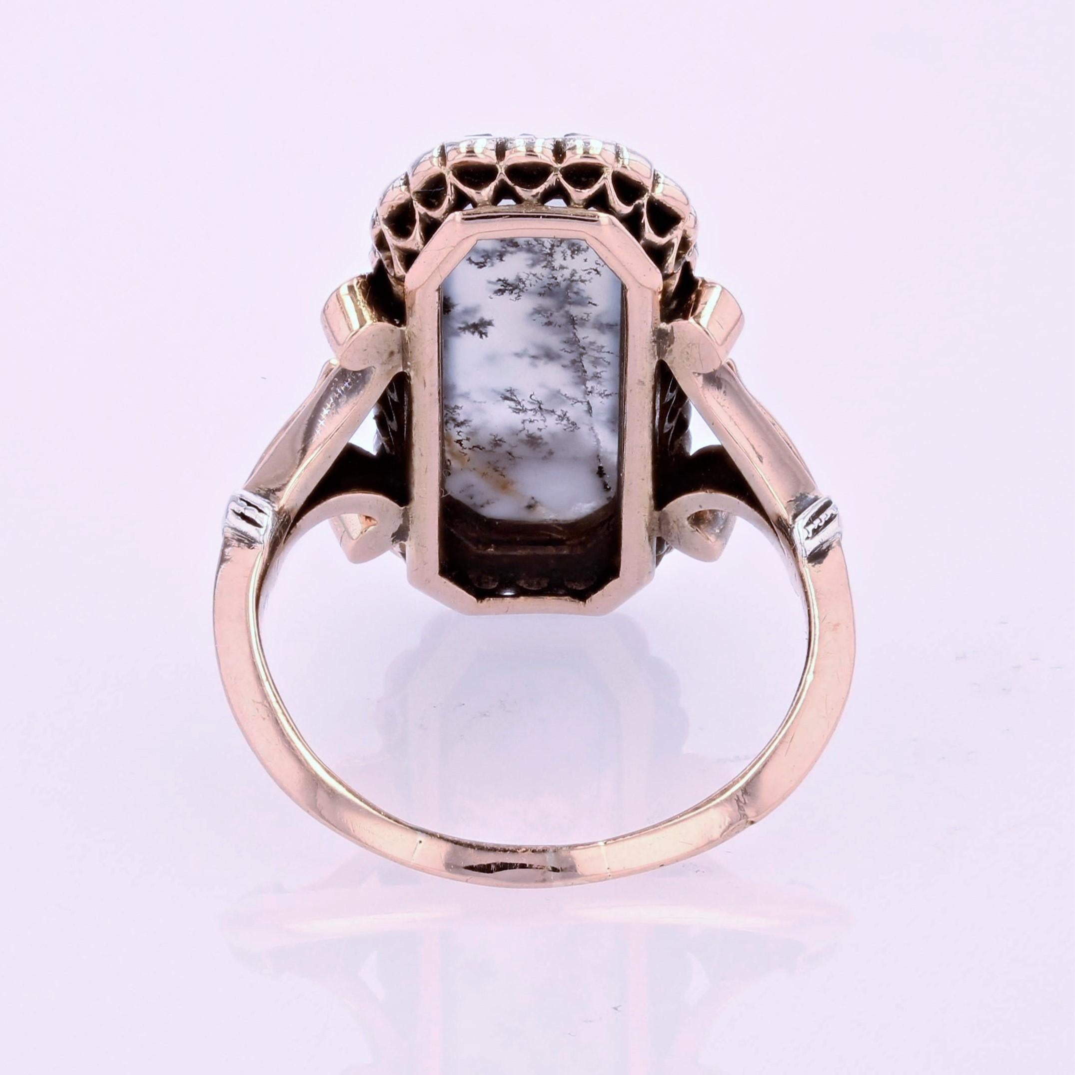 19th Century Dendrite Agate Diamonds 18 Karat Rose Gold Silver Ring For Sale 7