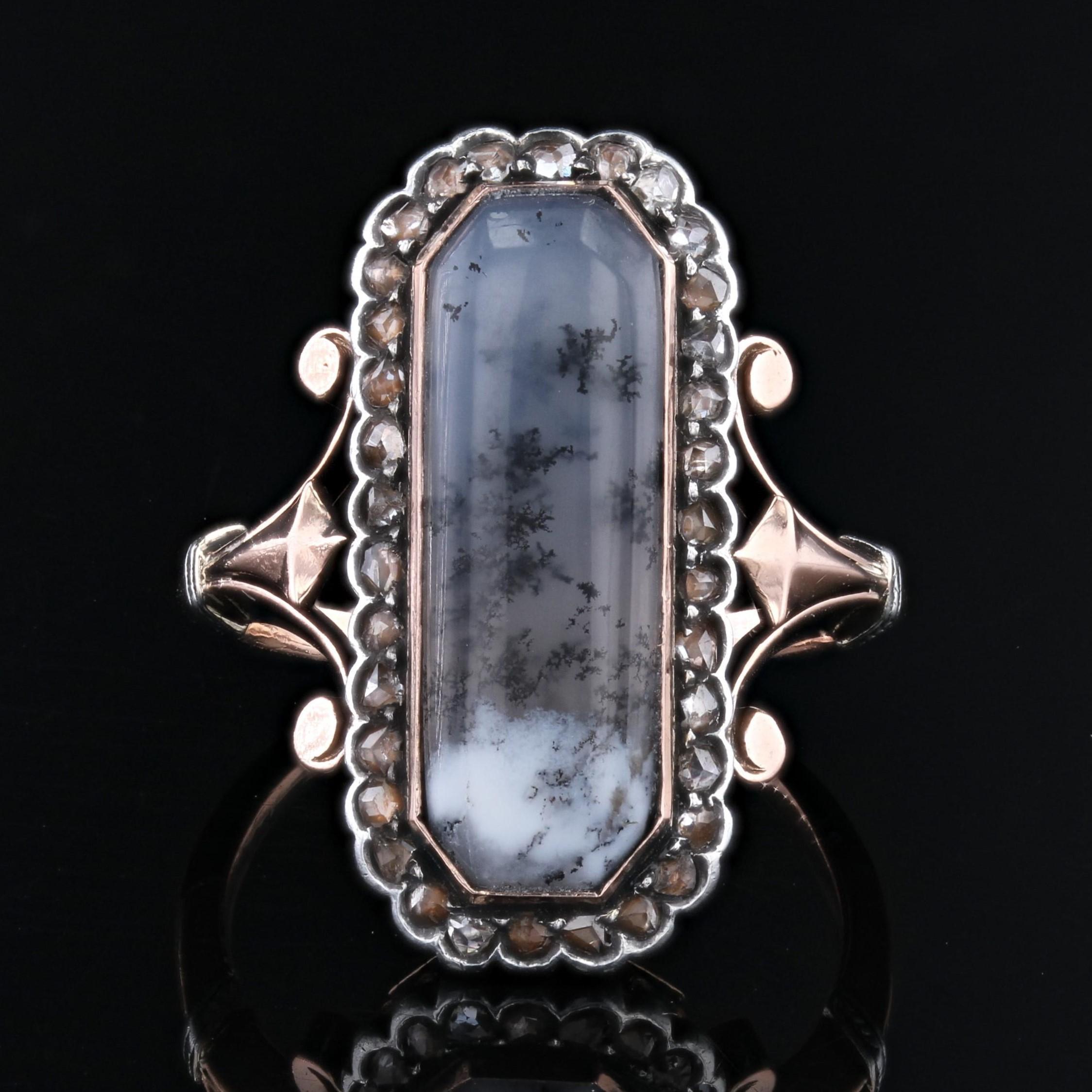 Belle Époque 19th Century Dendrite Agate Diamonds 18 Karat Rose Gold Silver Ring For Sale