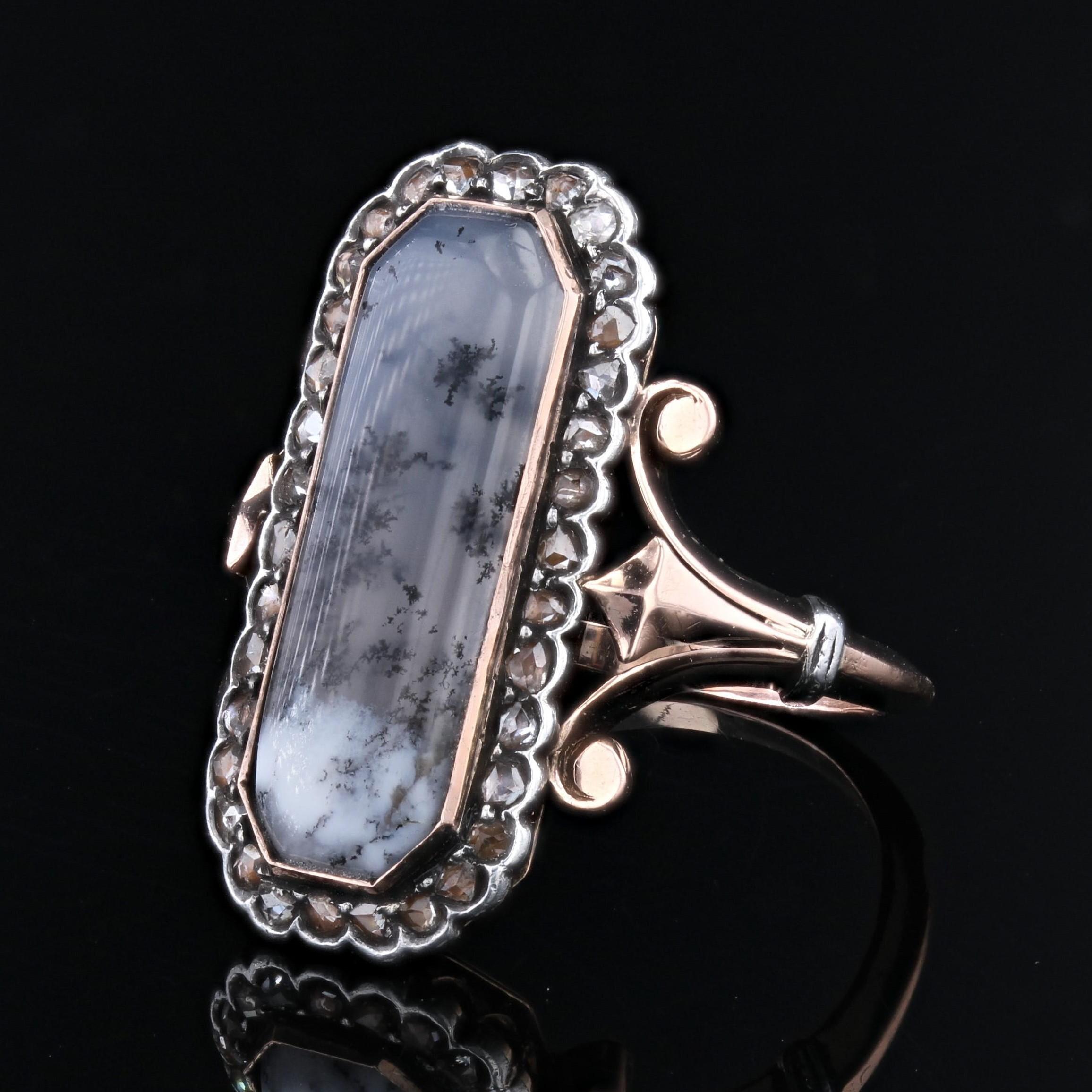 19th Century Dendrite Agate Diamonds 18 Karat Rose Gold Silver Ring In Good Condition For Sale In Poitiers, FR