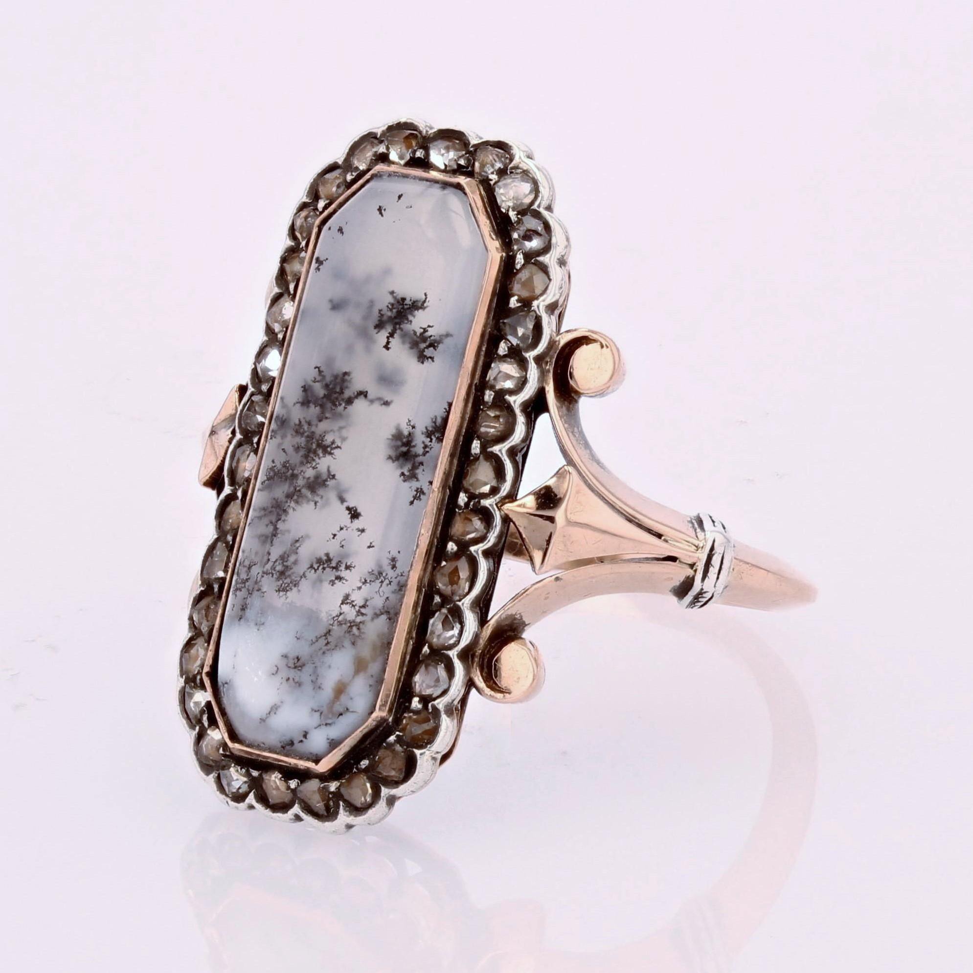 Women's 19th Century Dendrite Agate Diamonds 18 Karat Rose Gold Silver Ring For Sale
