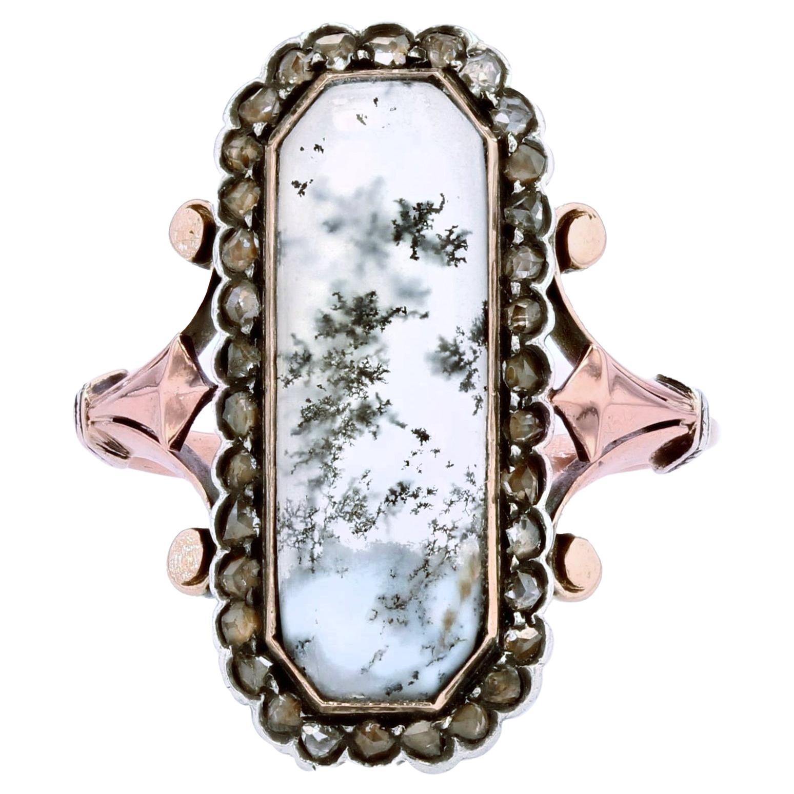 19th Century Dendrite Agate Diamonds 18 Karat Rose Gold Silver Ring For Sale