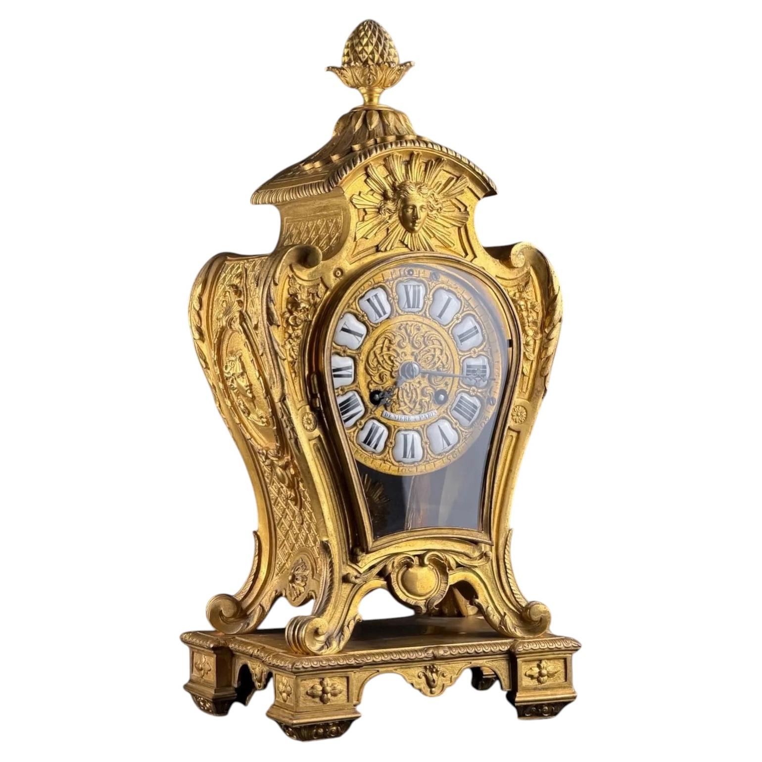 19th Century, Denière à Paris Gilt Bronze Mantel Clock with Japy Frères Movement