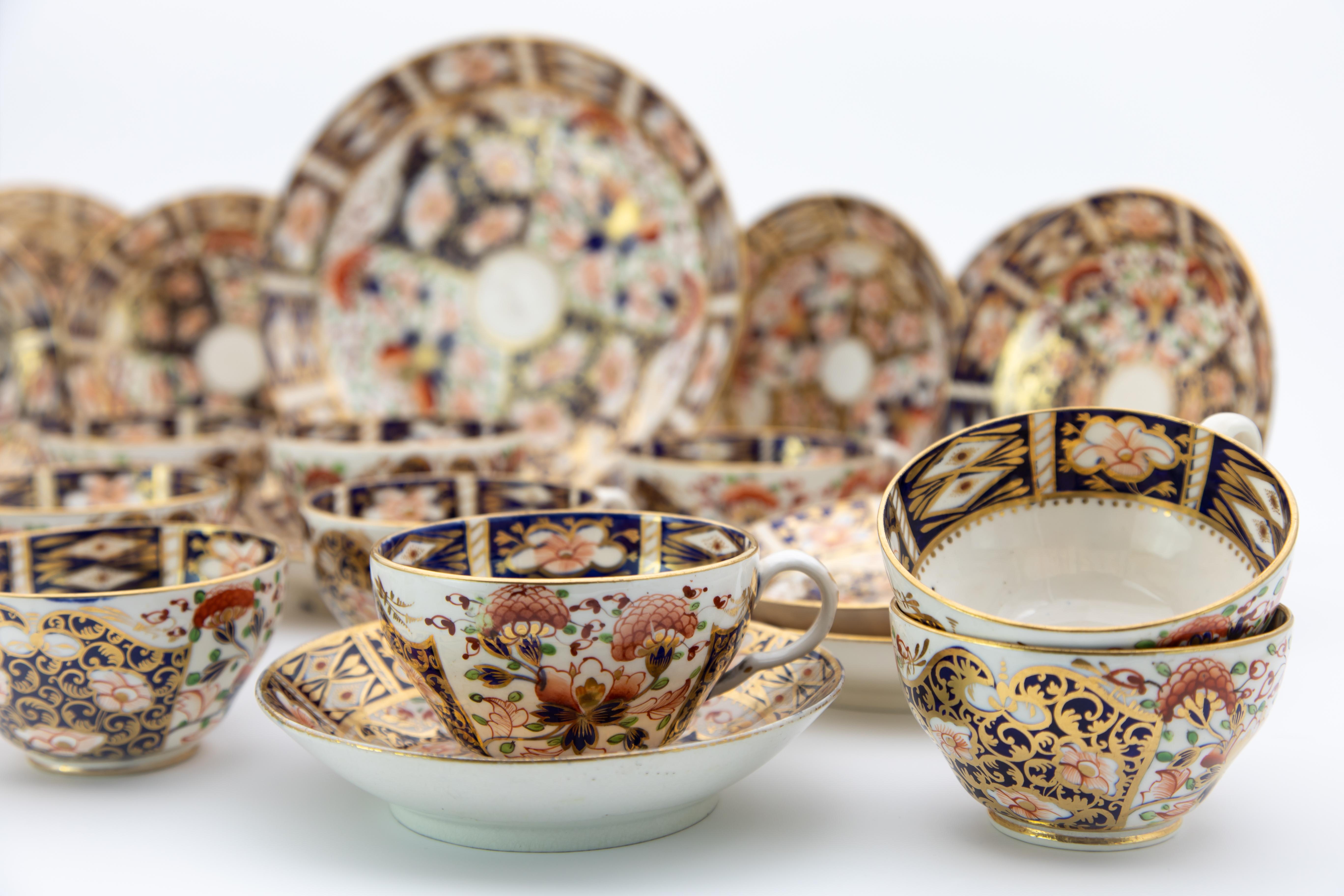 A Regency-style Derby Imari partial tea service comprising 12 teacups and saucers and one dish.

Imari ware originates in late 17th-century Japan, when craftsmen around Arita created brightly colored, highly gilded export porcelain to cater to