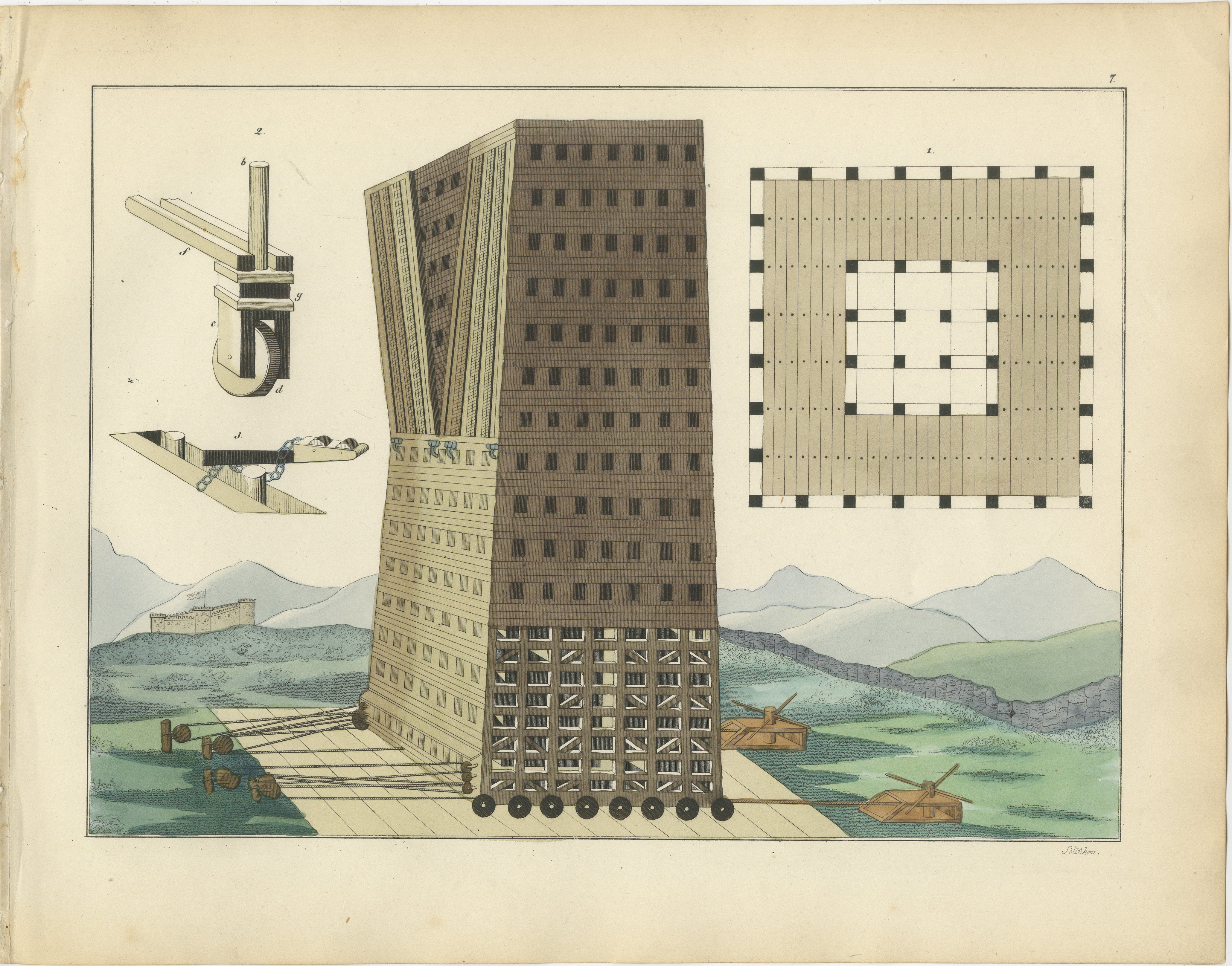Handkolorierte Lithographie eines großen mittelalterlichen Belagerungsturms aus dem 19. Jahrhundert mit Details  

Beschreibung: Diese fein ausgeführte handkolorierte Lithografie zeigt einen massiven 