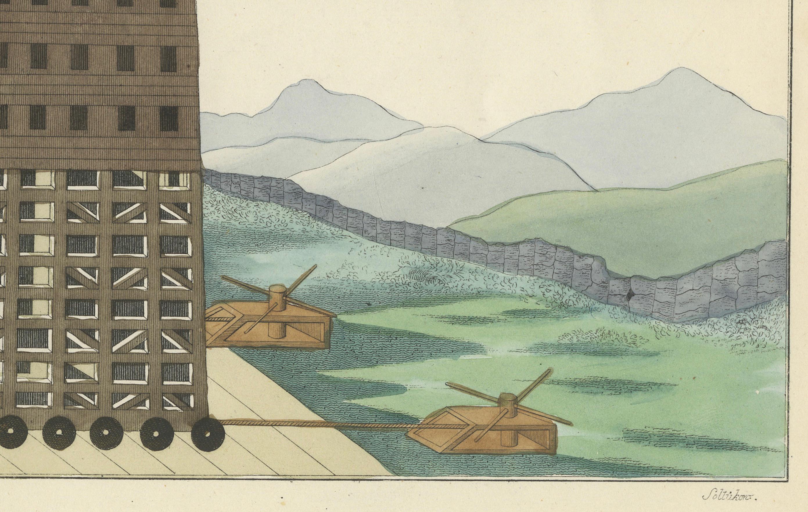 Detaillierte handkolorierte Lithographie eines großen mittelalterlichen Siege-Turms aus dem 19. Jahrhundert im Zustand „Gut“ im Angebot in Langweer, NL