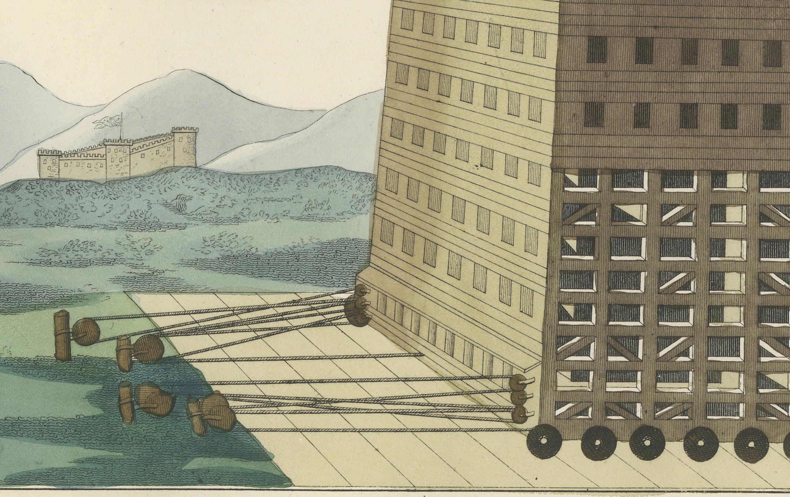 Detaillierte handkolorierte Lithographie eines großen mittelalterlichen Siege-Turms aus dem 19. Jahrhundert im Angebot 1