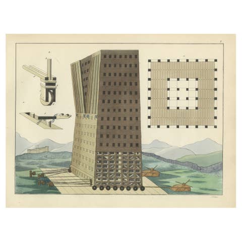 19th-Century Detailed Hand-Coloured Lithograph of a Large Medieval Siege Tower