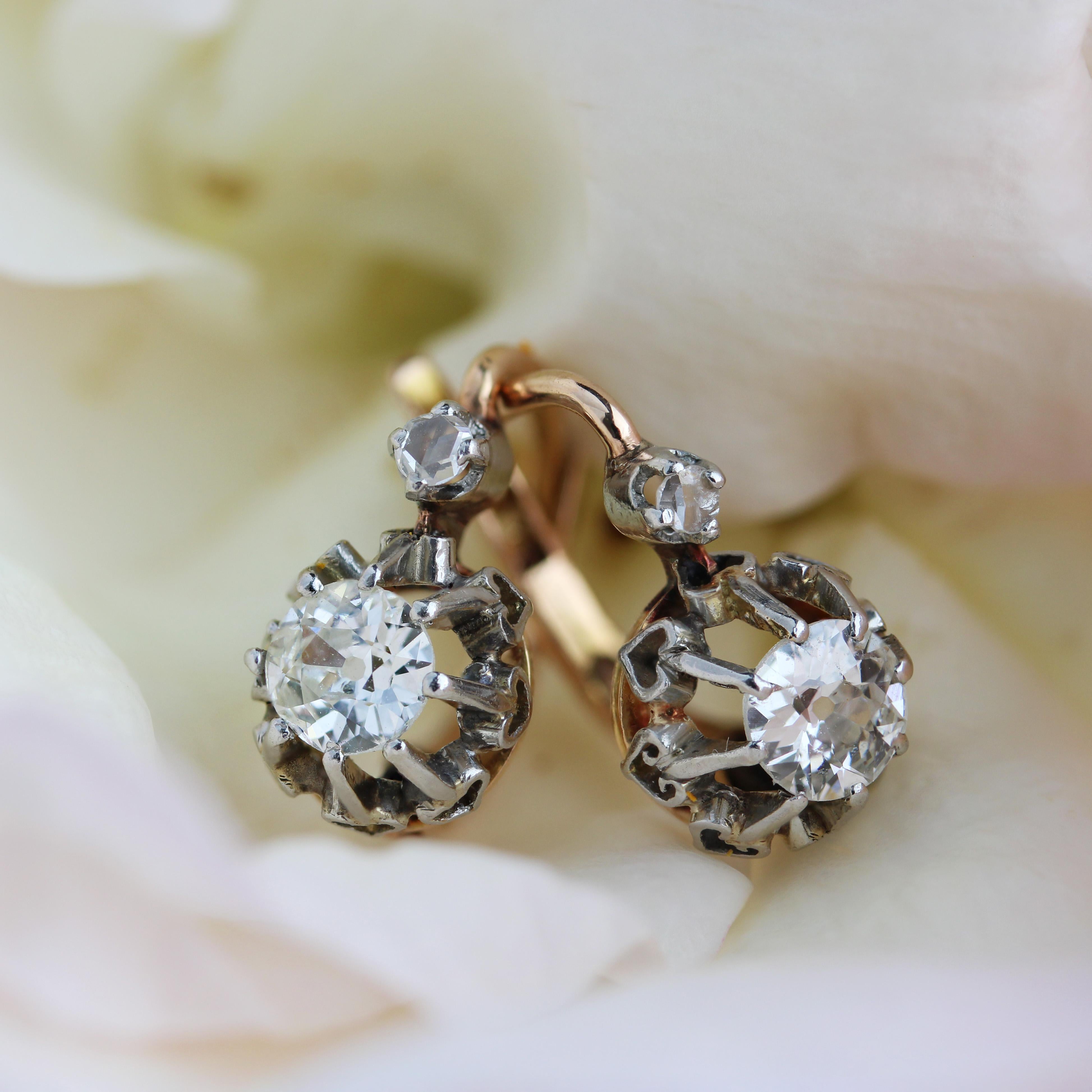 19th Century Diamond 18 Karat Rose Gold Lever- Back Earrings 5