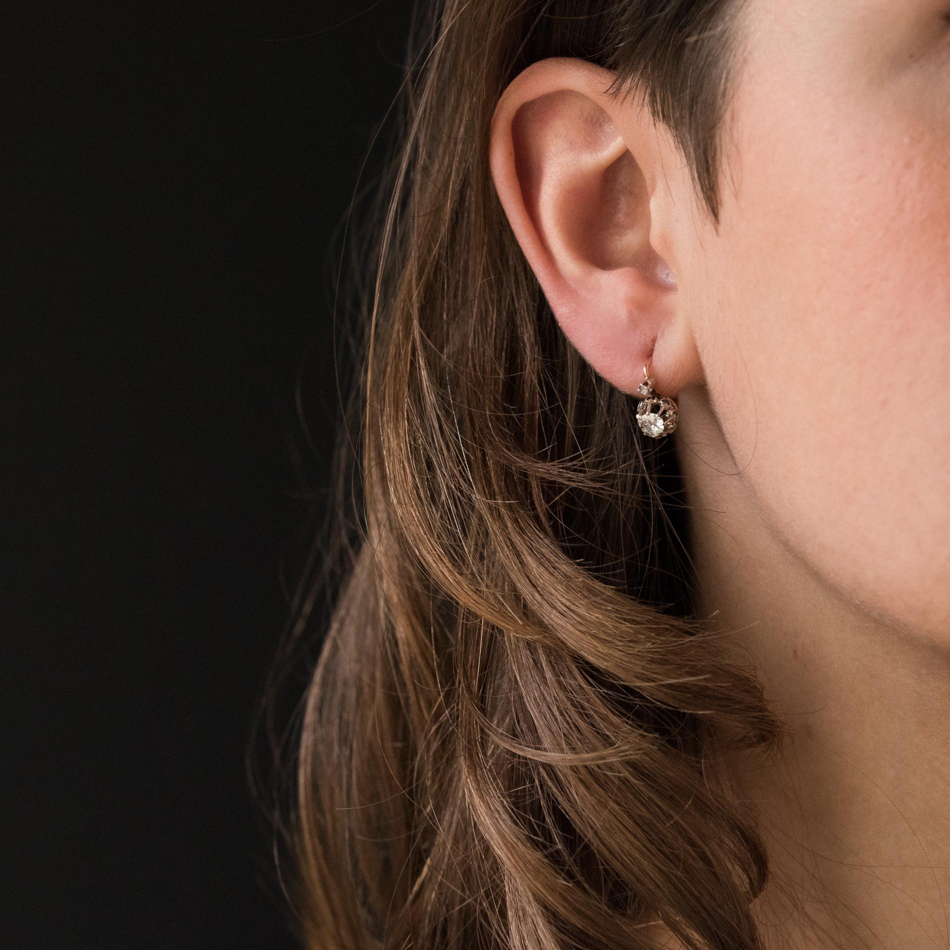 19th Century Diamond 18 Karat Rose Gold Lever- Back Earrings In Good Condition In Poitiers, FR