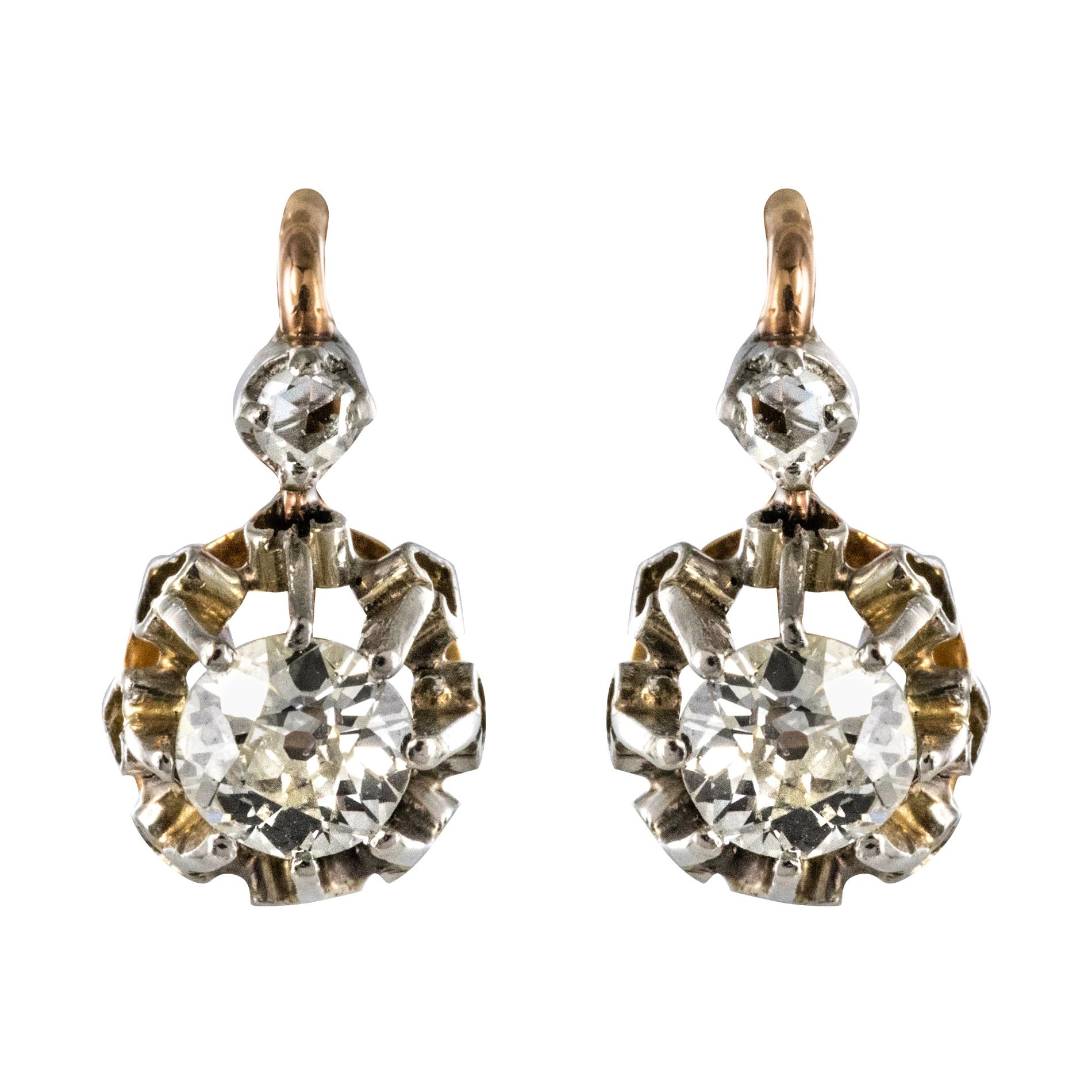 19th Century Diamond 18 Karat Rose Gold Lever- Back Earrings For Sale