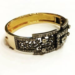 19th Century Diamond, 18 Karat Yellow Gold and Silver Bangle Bracelet