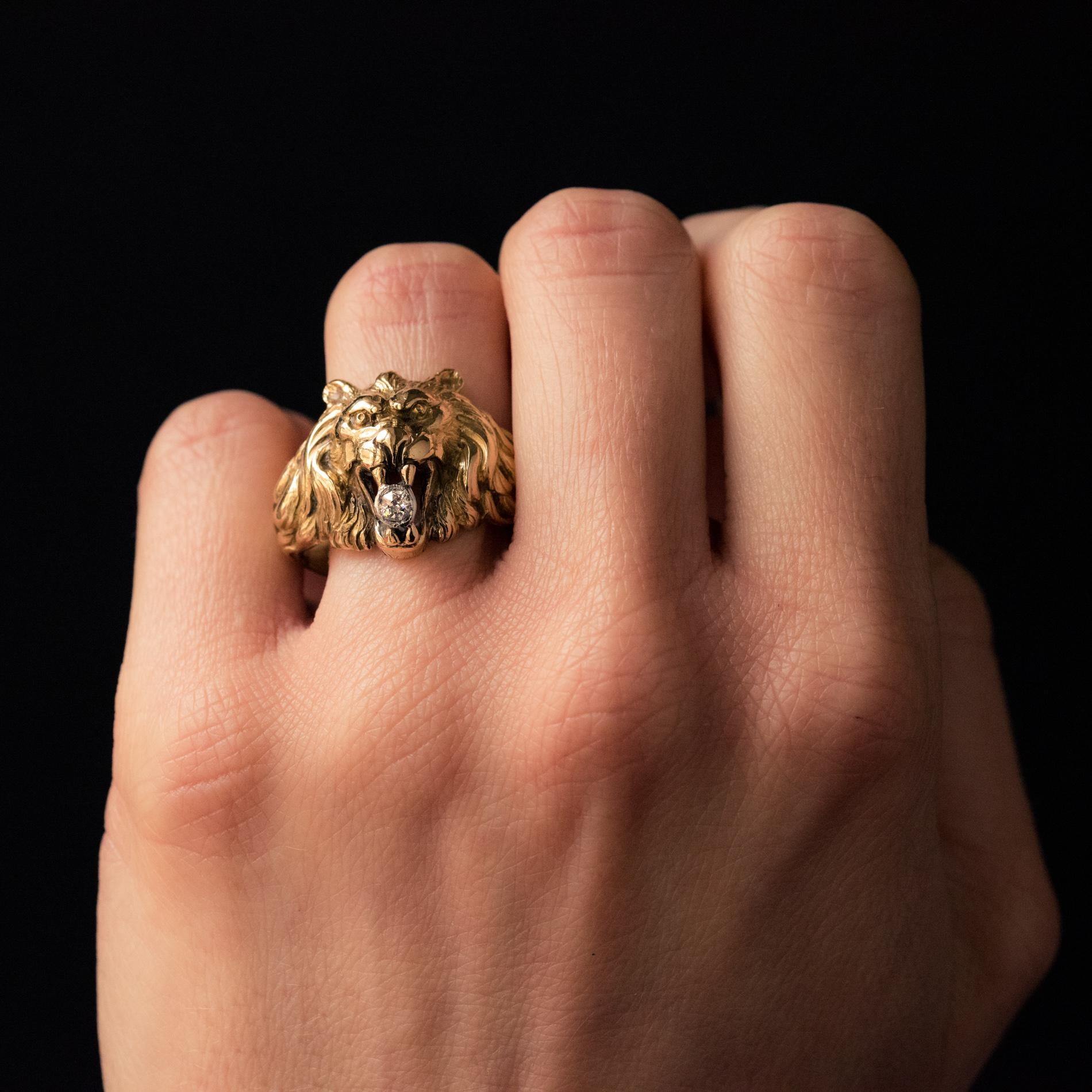 19th Century Diamond 18 Karat Yellow Gold Lion Men's Ring 5