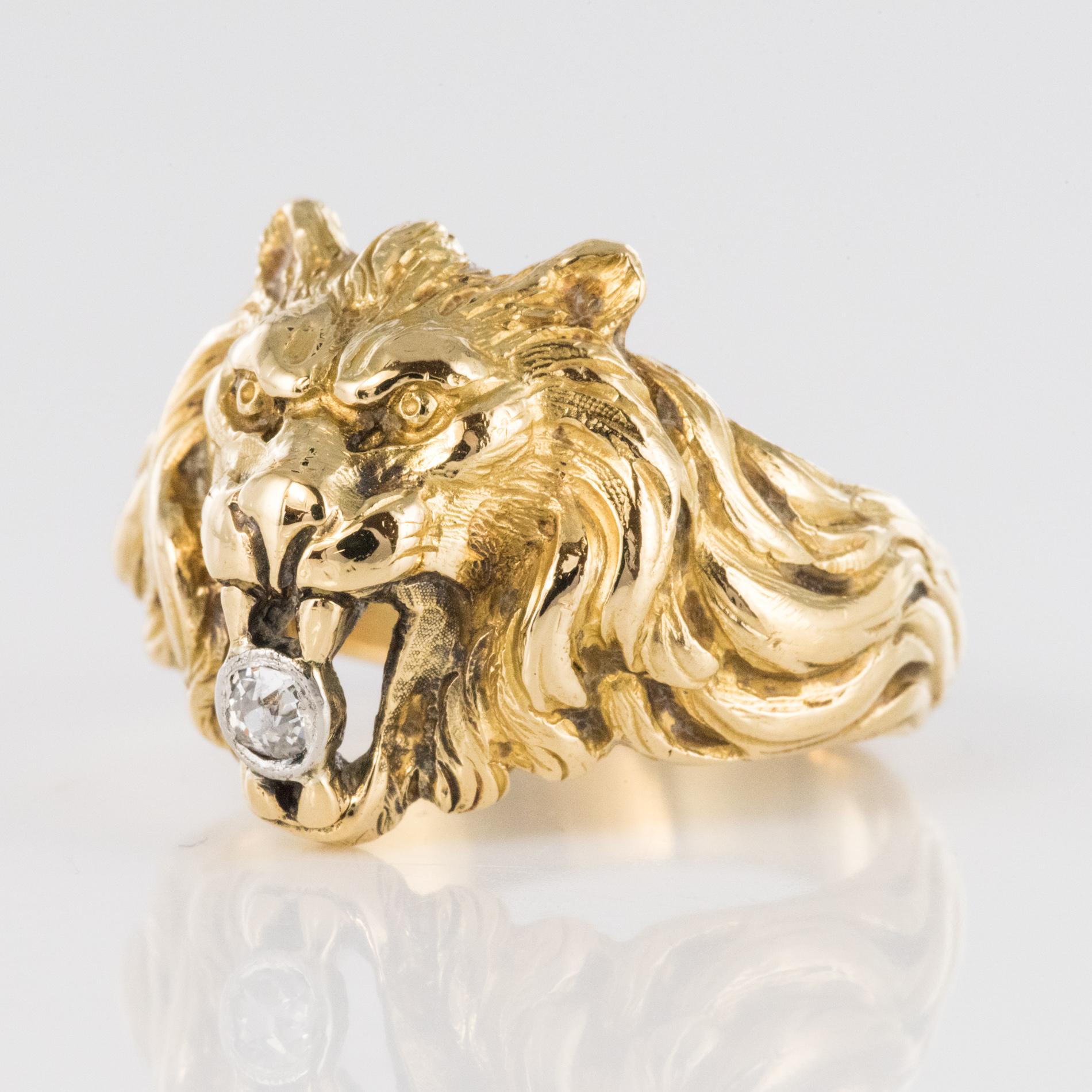 19th Century Diamond 18 Karat Yellow Gold Lion Men's Ring 1