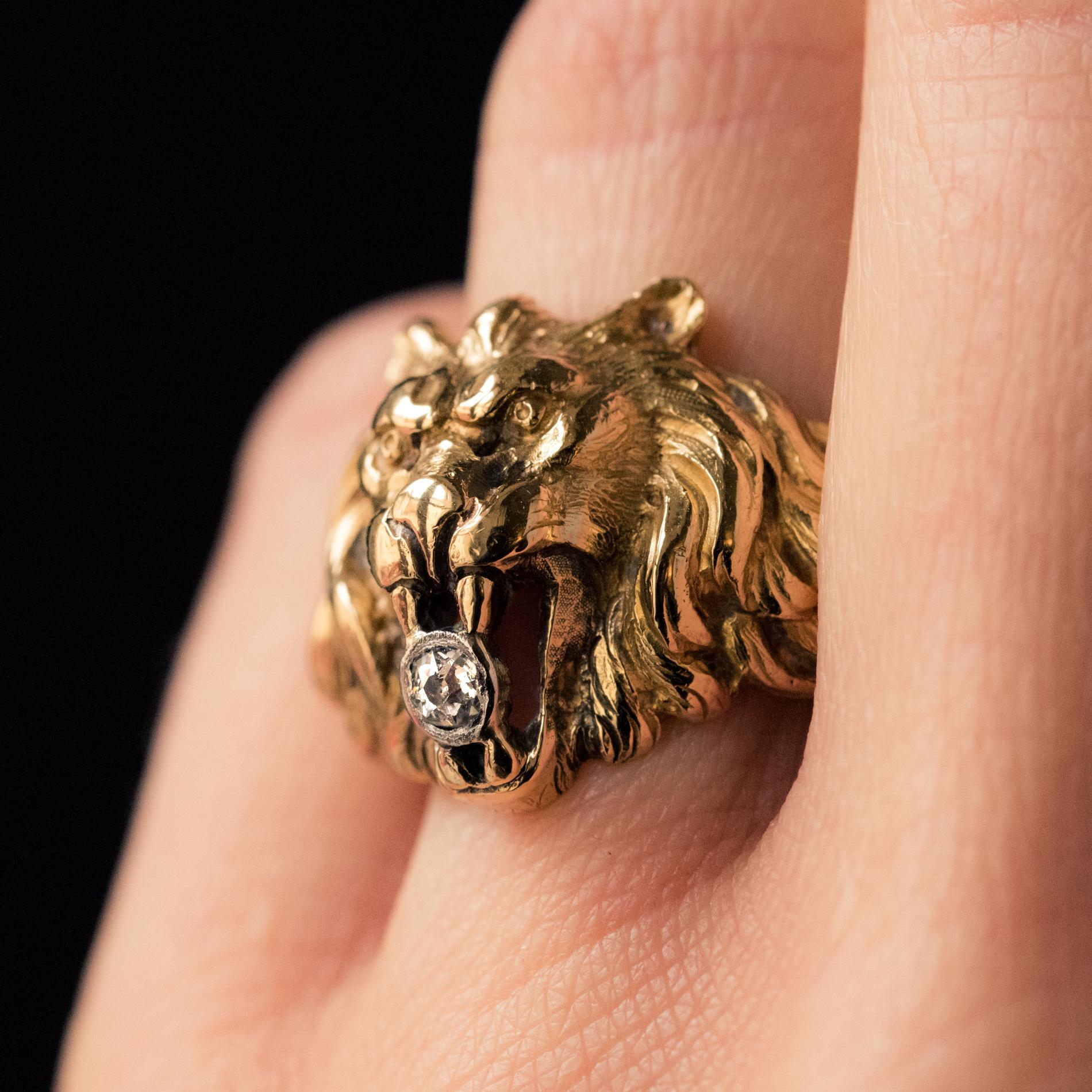 19th Century Diamond 18 Karat Yellow Gold Lion Men's Ring 2