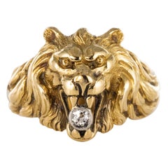 Antique 19th Century Diamond 18 Karat Yellow Gold Lion Men's Ring