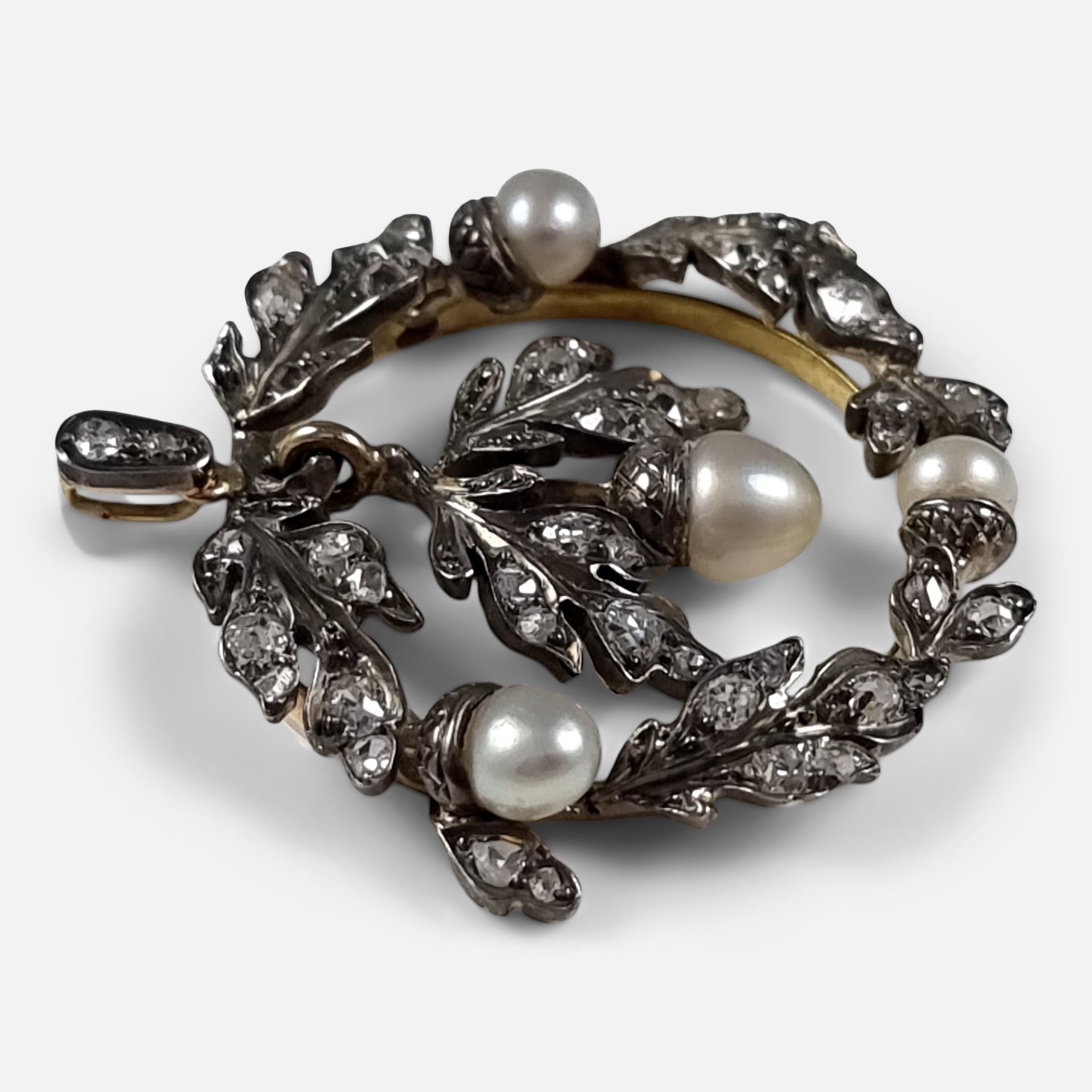 Diamant- und Perlen-Eichen-Anhänger aus dem 19. (Viktorianisch) im Angebot