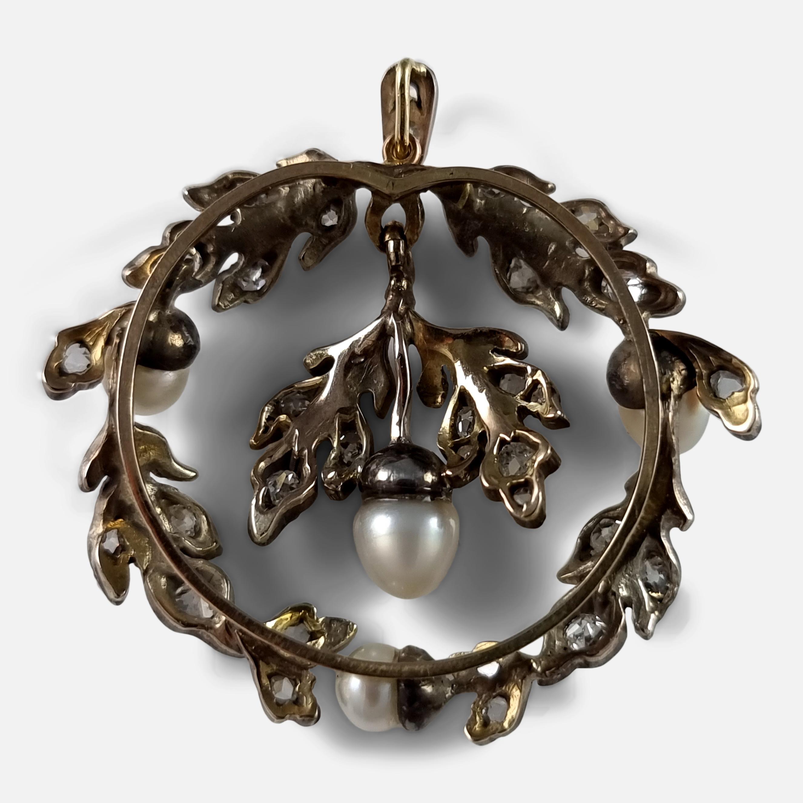 Women's 19th Century Diamond and Pearl Oak Pendant For Sale