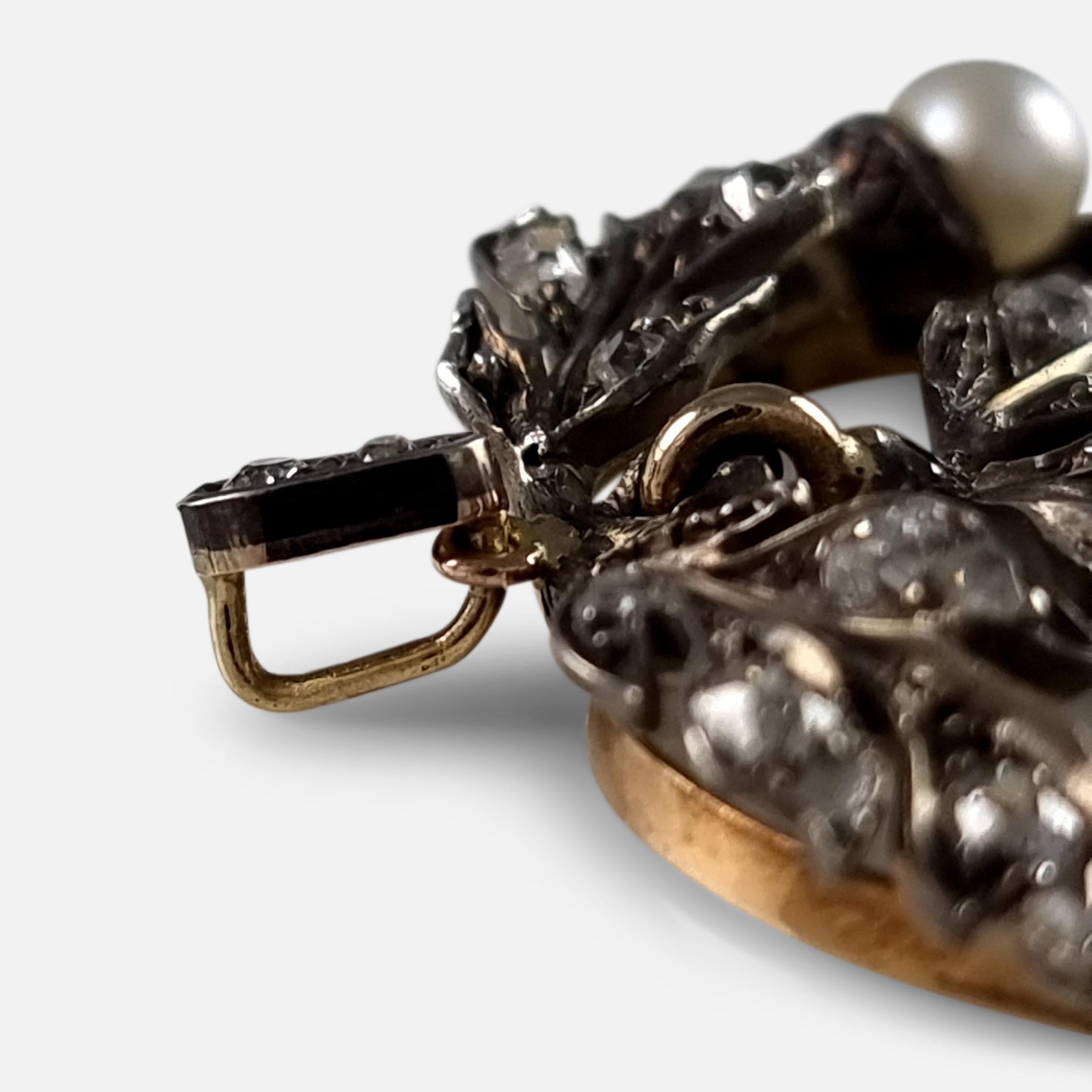 Pendentif en chêne à diamants et perles du 19e siècle en vente 1
