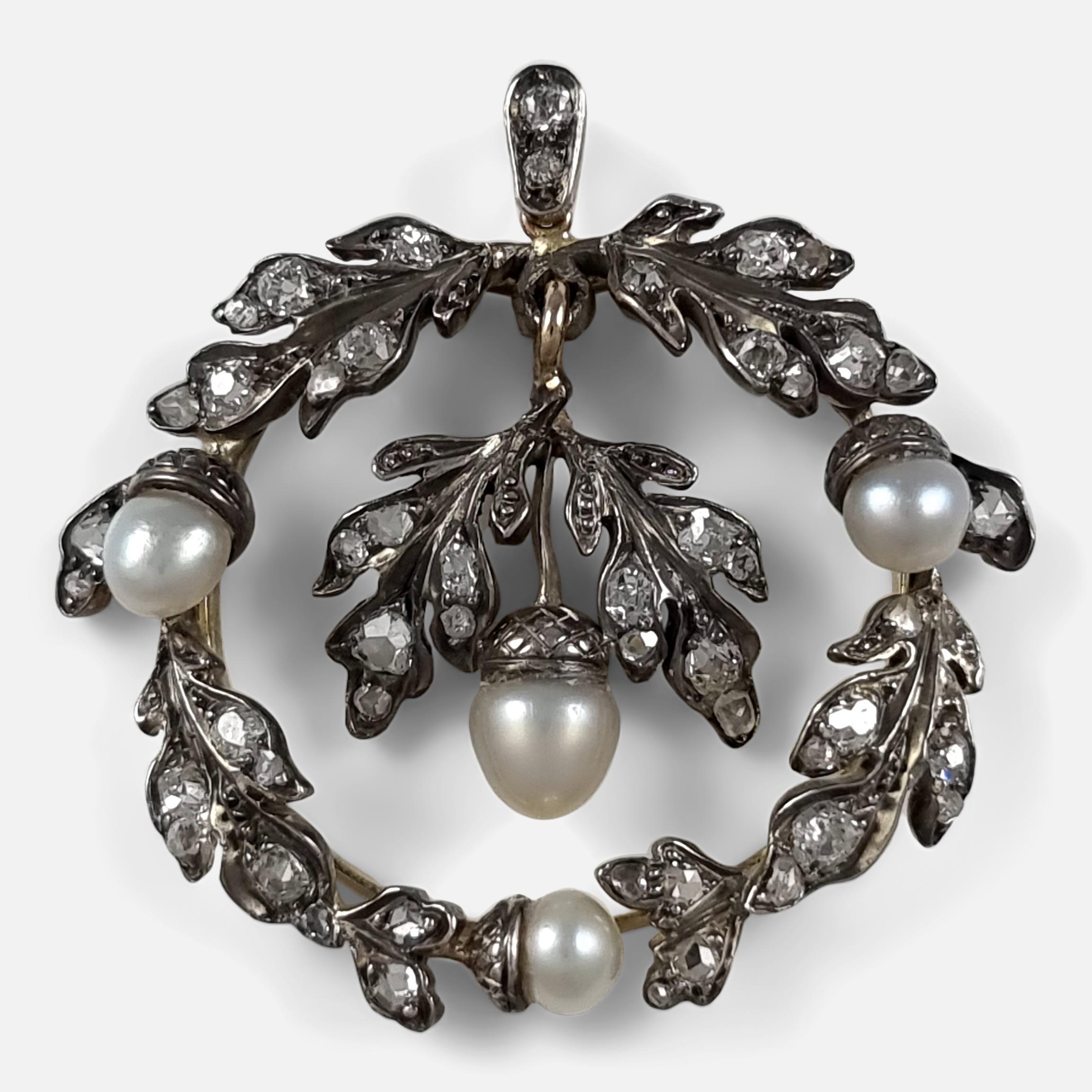 Pendentif en chêne à diamants et perles du 19e siècle en vente 2