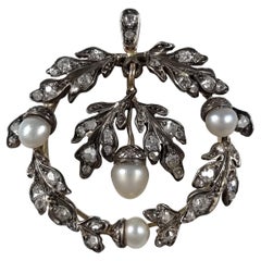 Pendentif en chêne à diamants et perles du 19e siècle