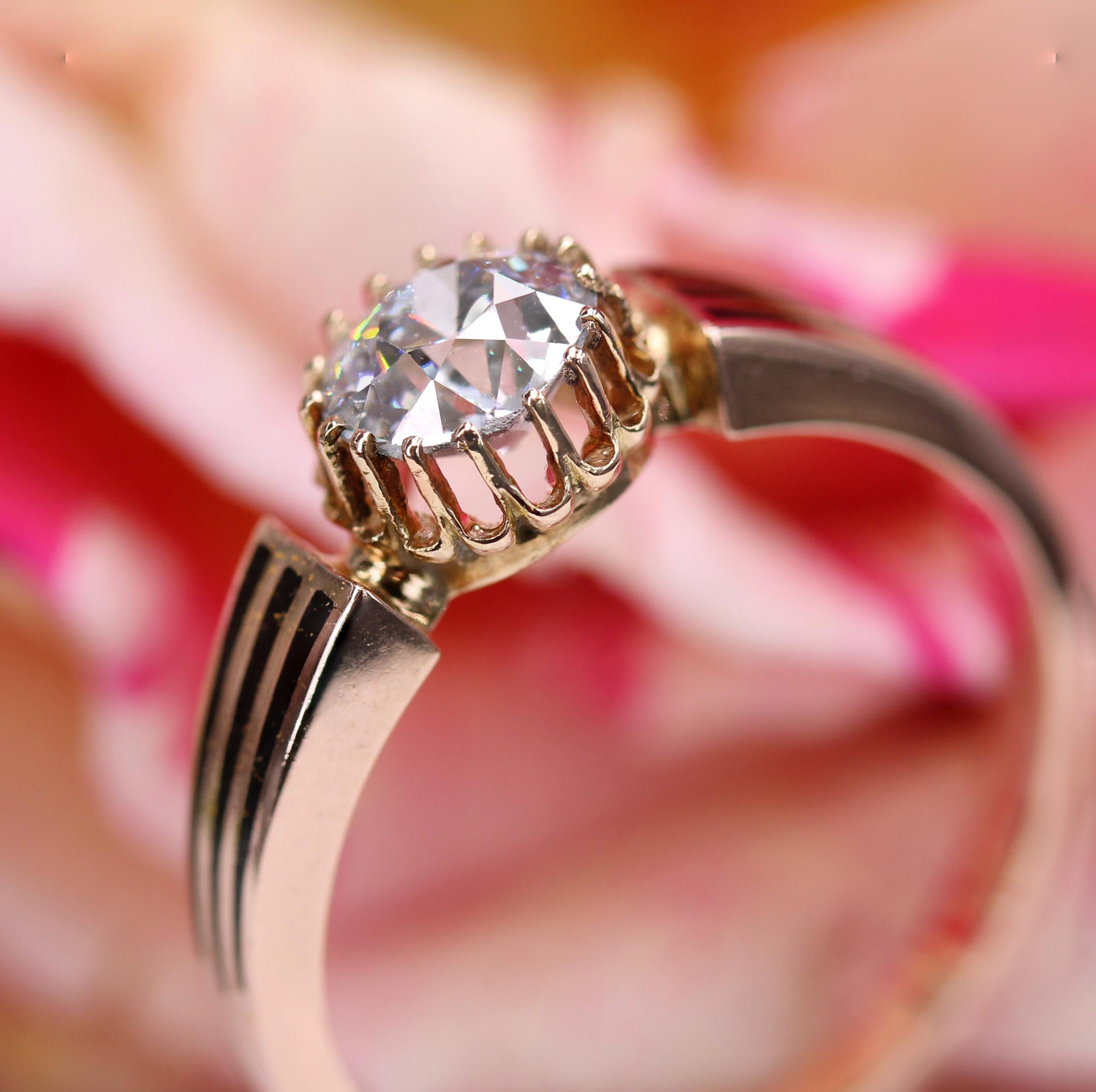 19th Century Diamond Black Enamel 18 Karat Rose Gold Solitaire Ring For Sale 4