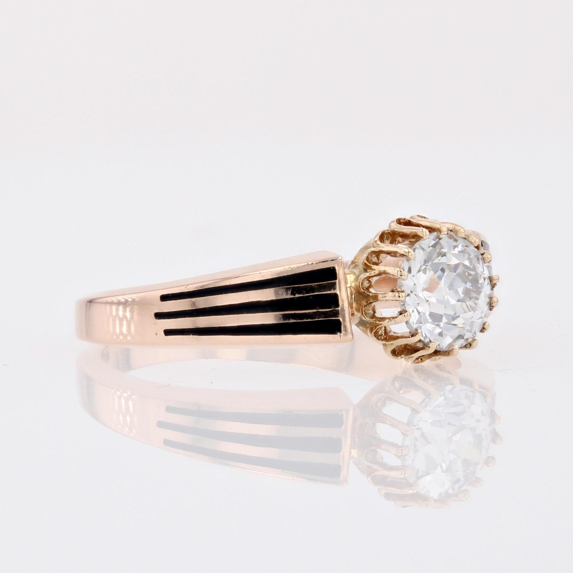 19th Century Diamond Black Enamel 18 Karat Rose Gold Solitaire Ring For Sale 5
