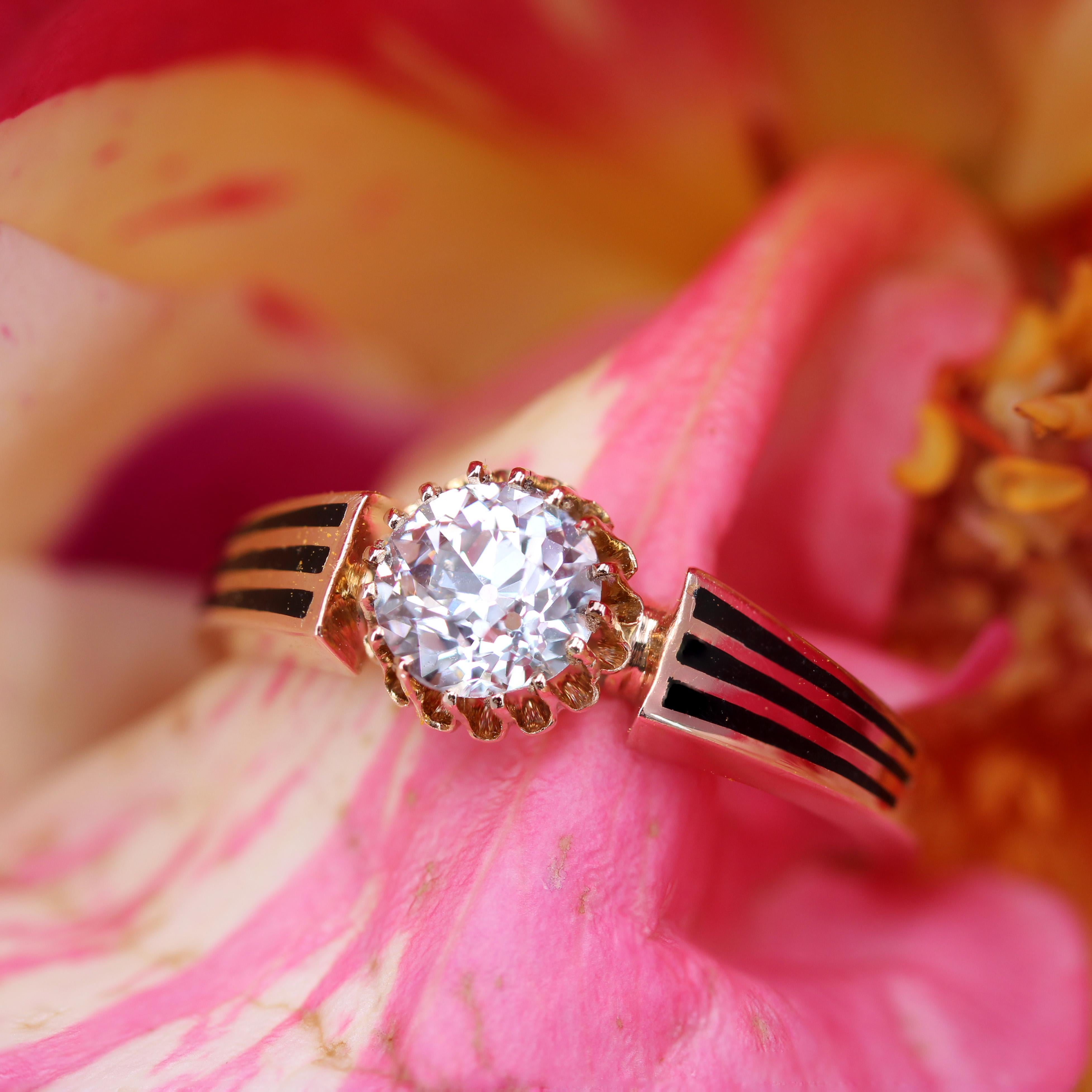 19th Century Diamond Black Enamel 18 Karat Rose Gold Solitaire Ring For Sale 10