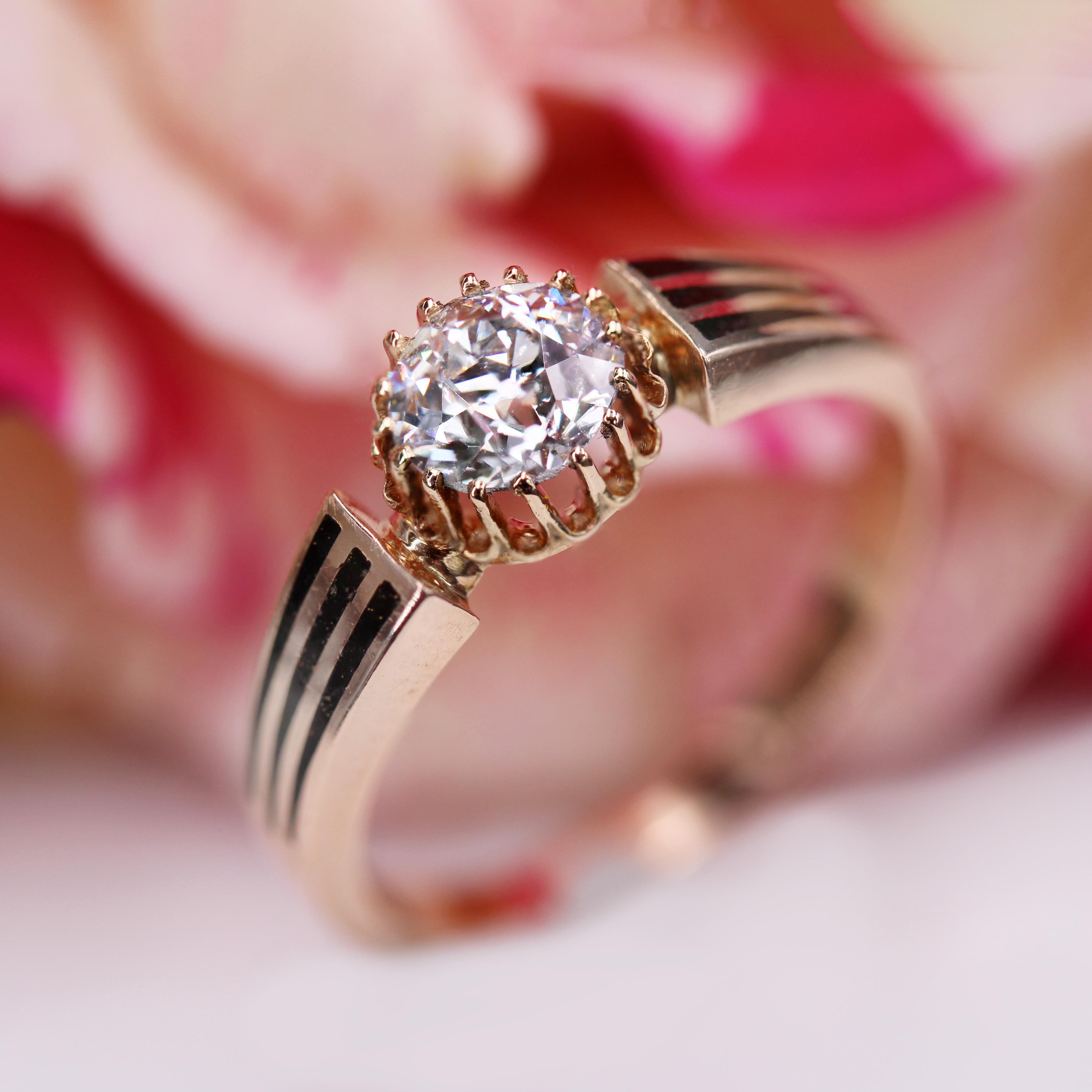 19th Century Diamond Black Enamel 18 Karat Rose Gold Solitaire Ring For Sale 11