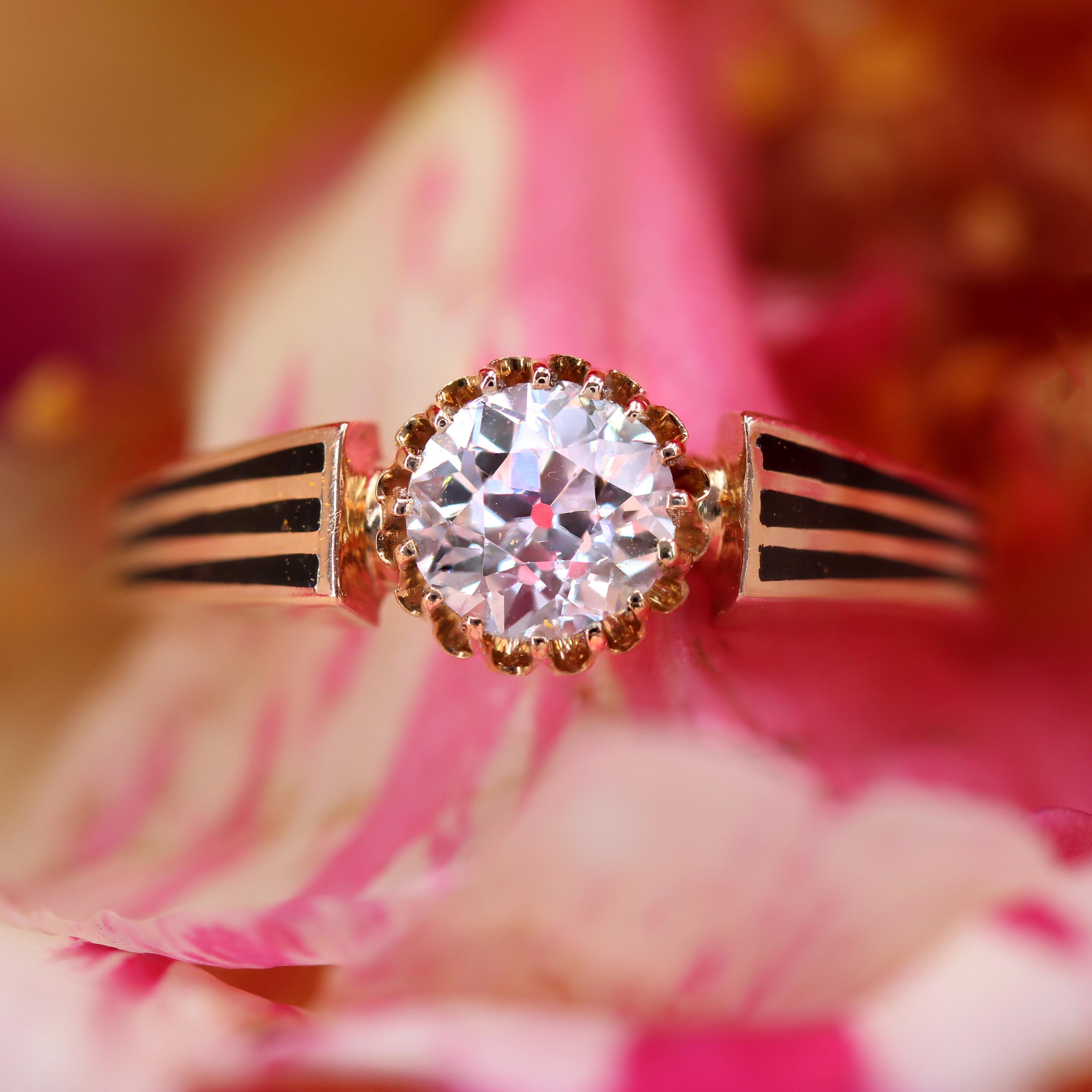 Napoleon III 19th Century Diamond Black Enamel 18 Karat Rose Gold Solitaire Ring For Sale