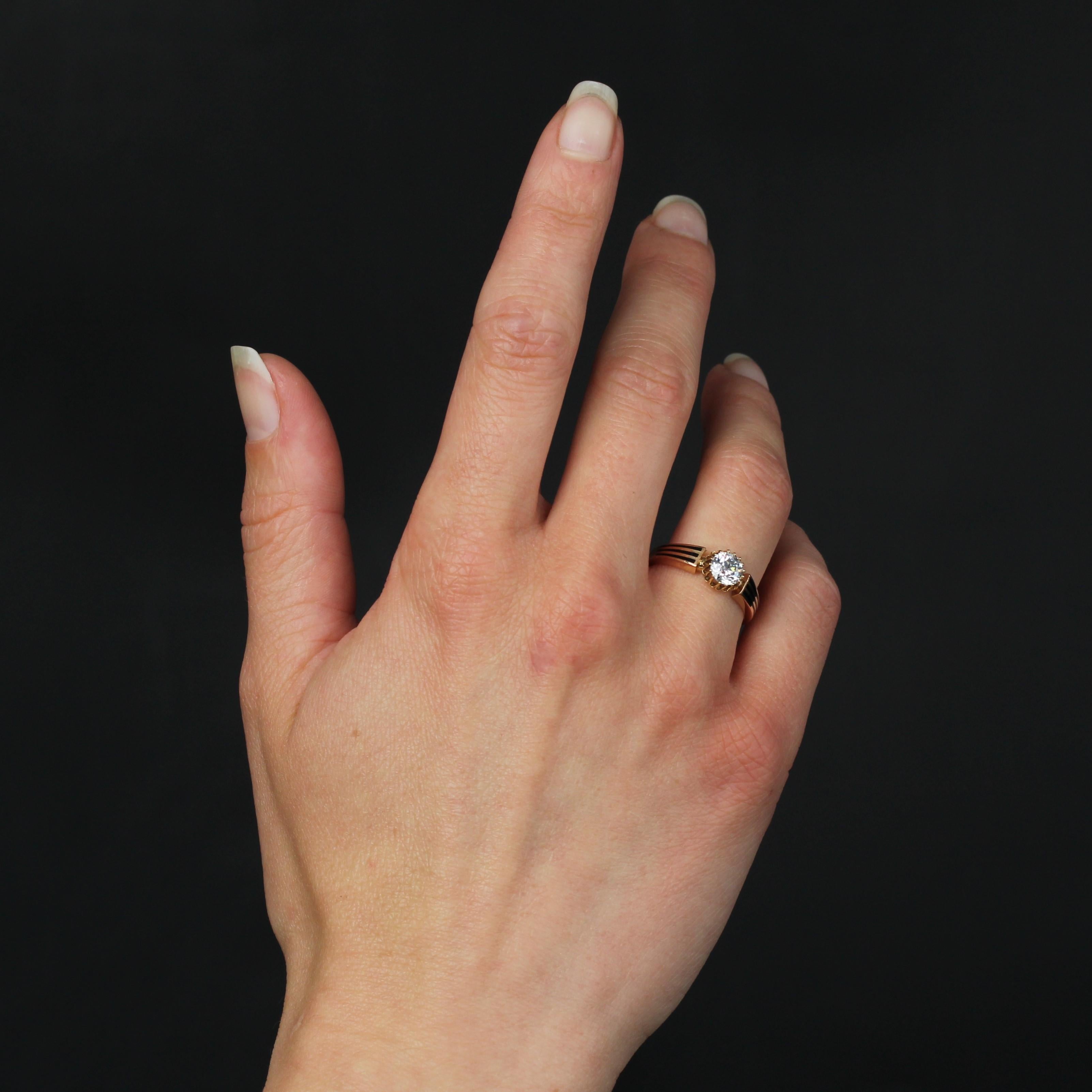 Brilliant Cut 19th Century Diamond Black Enamel 18 Karat Rose Gold Solitaire Ring For Sale