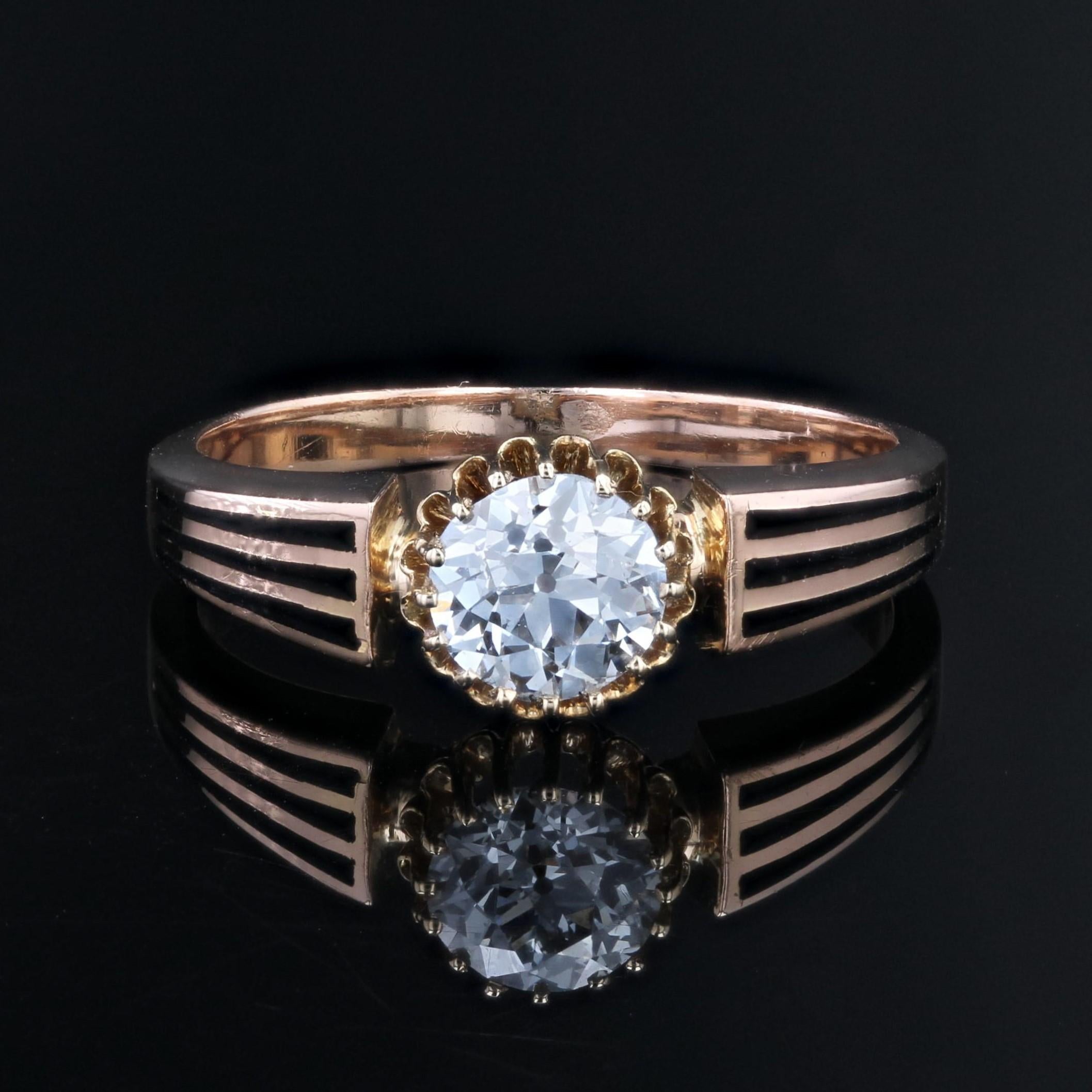 19th Century Diamond Black Enamel 18 Karat Rose Gold Solitaire Ring In Good Condition For Sale In Poitiers, FR