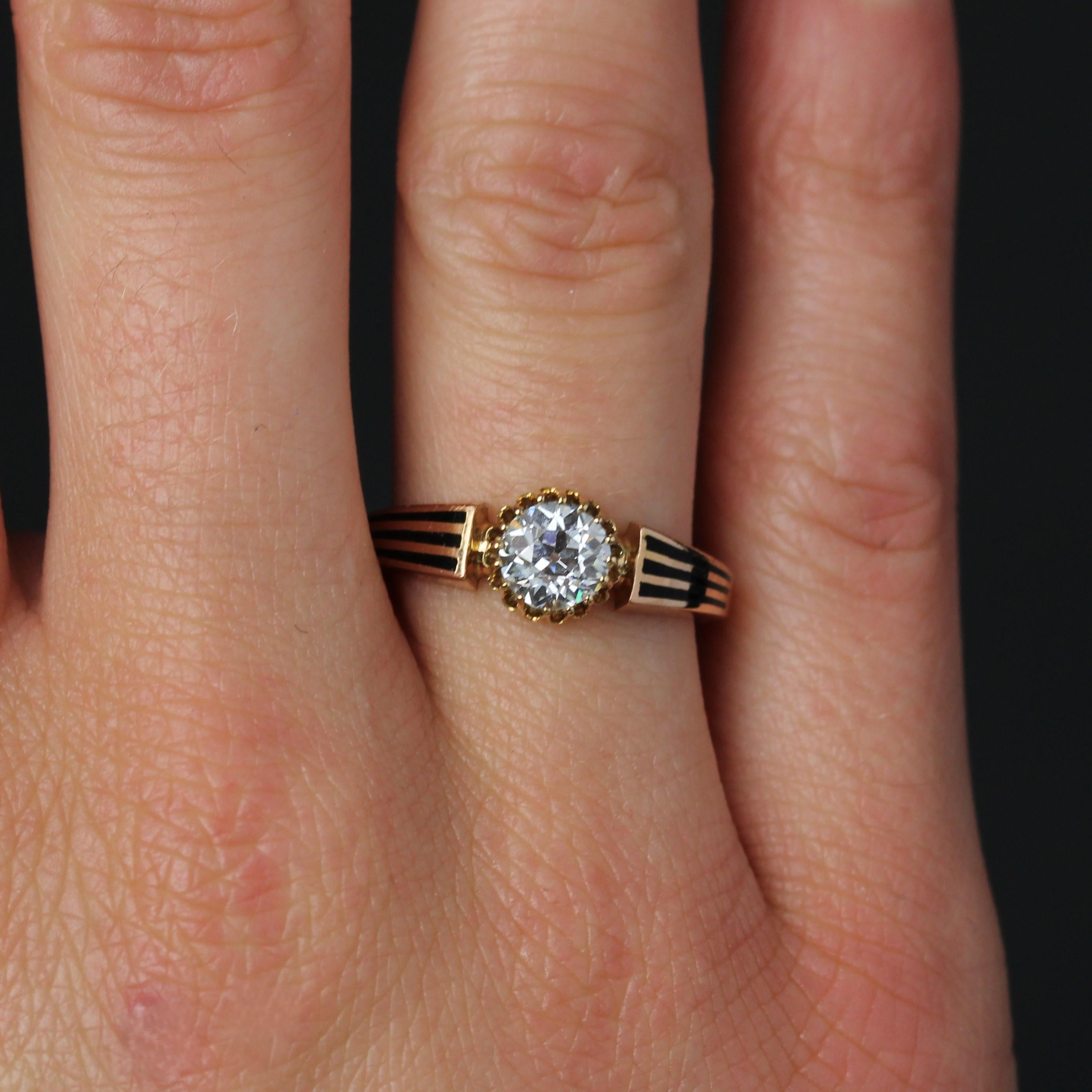 Women's 19th Century Diamond Black Enamel 18 Karat Rose Gold Solitaire Ring For Sale