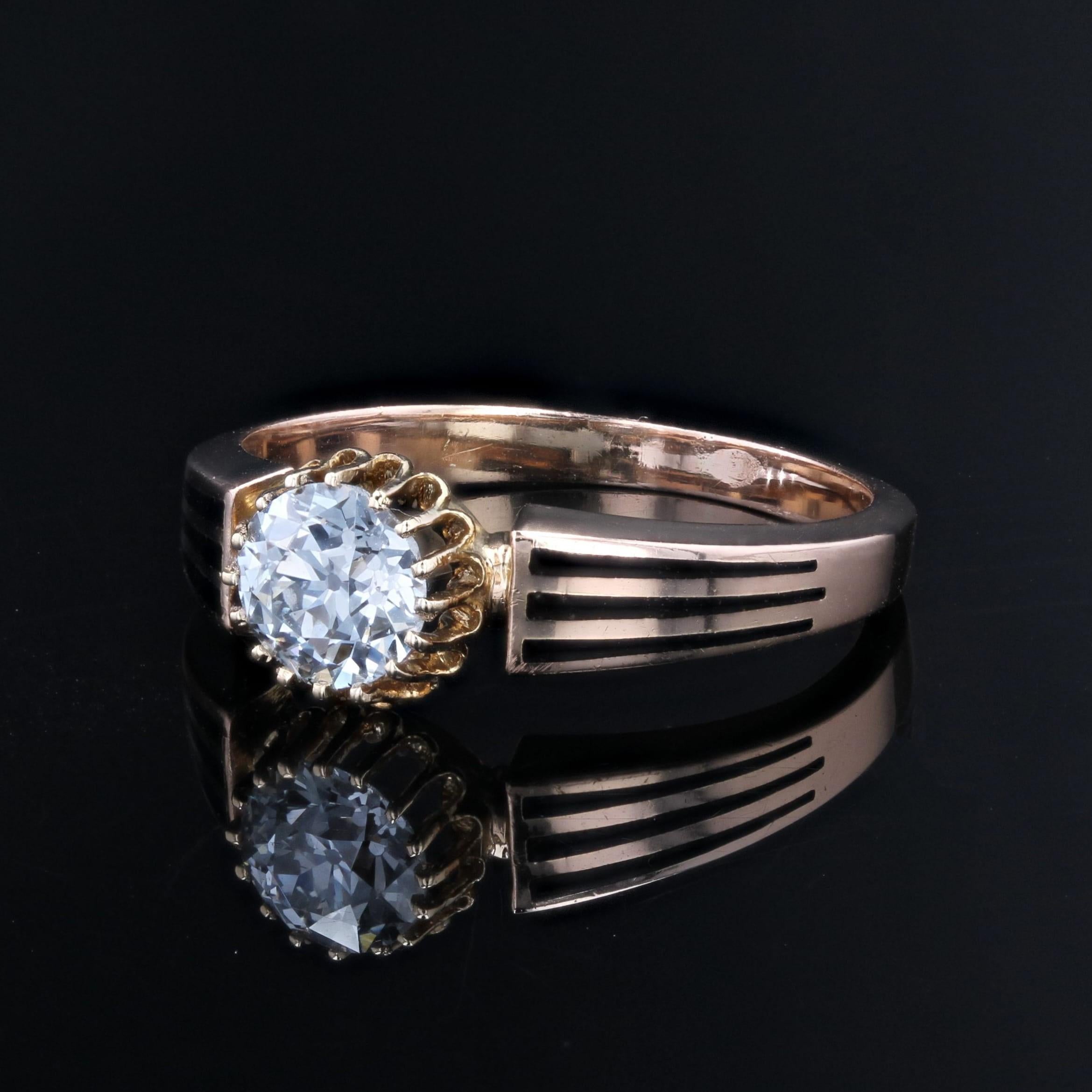 19th Century Diamond Black Enamel 18 Karat Rose Gold Solitaire Ring For Sale 1