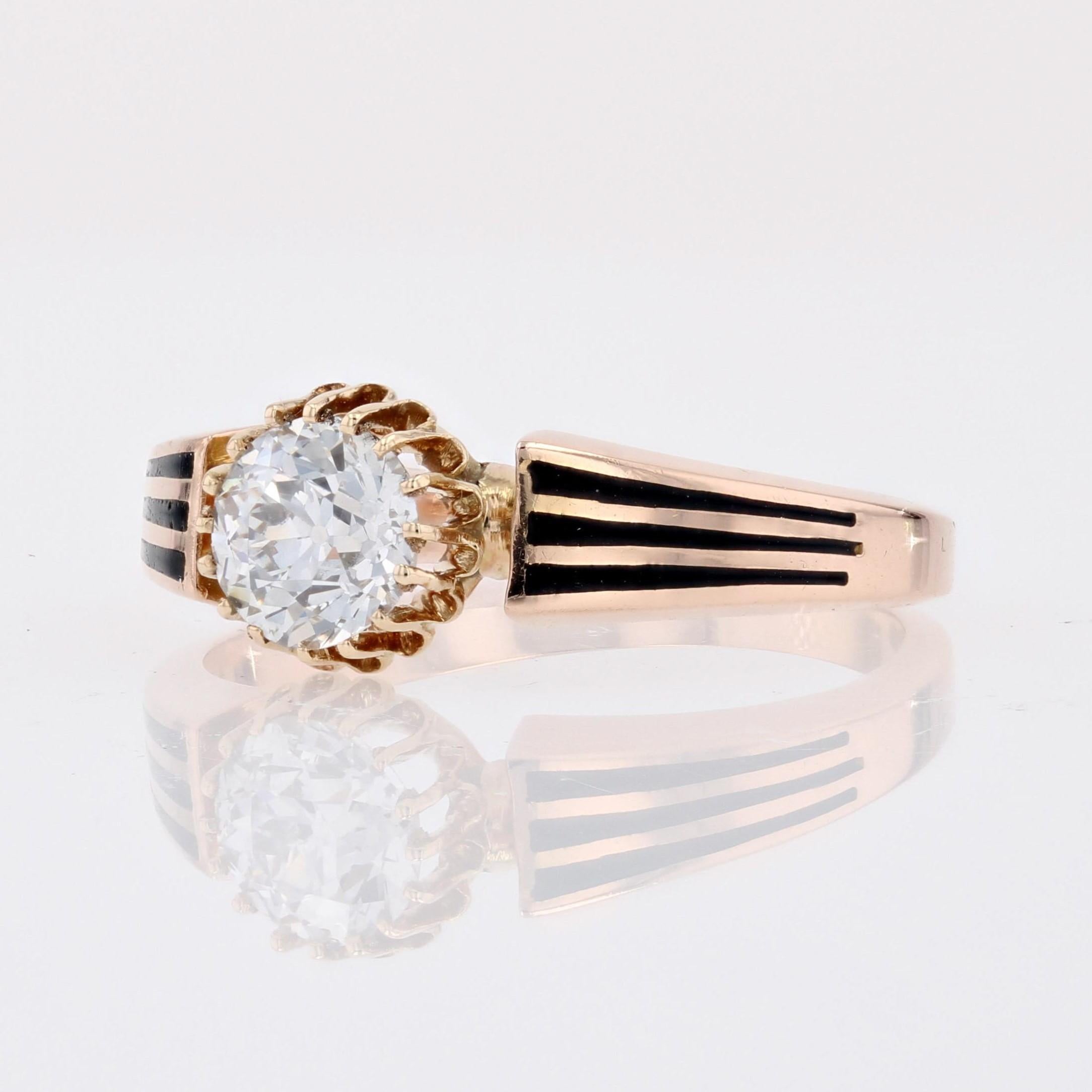19th Century Diamond Black Enamel 18 Karat Rose Gold Solitaire Ring For Sale 2