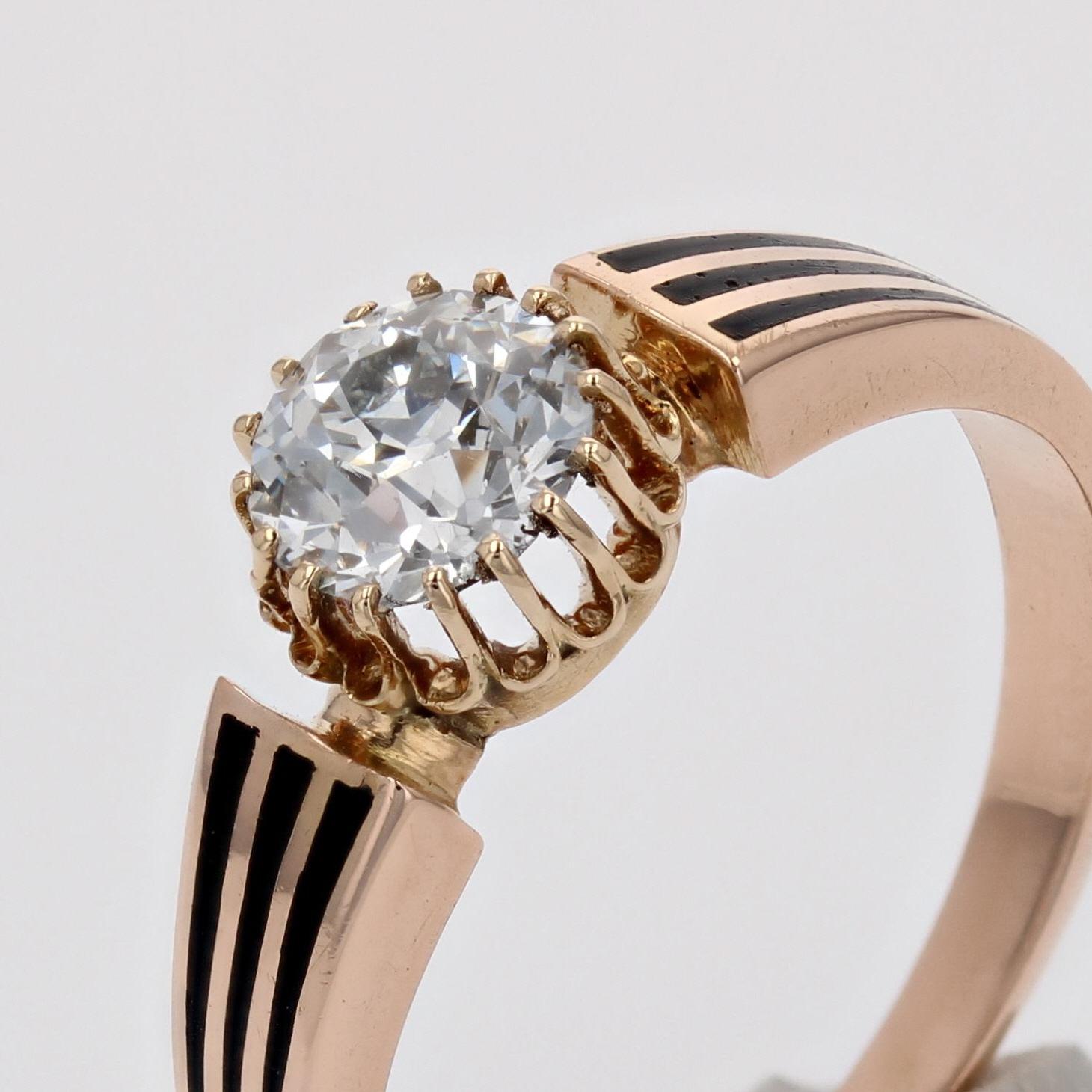 19th Century Diamond Black Enamel 18 Karat Rose Gold Solitaire Ring For Sale 3