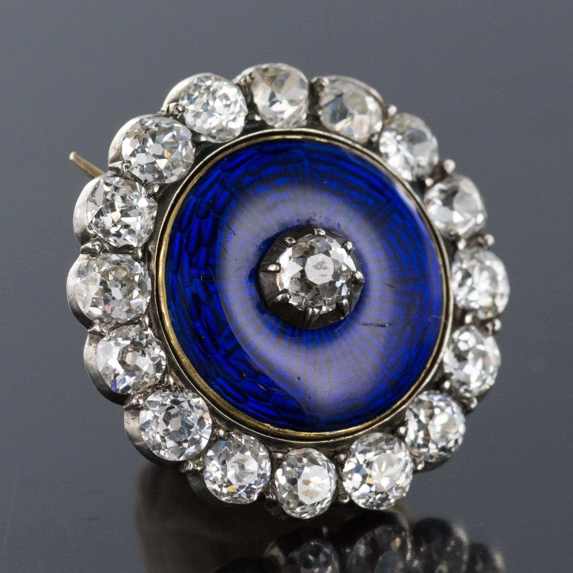 19th Century Diamond Blue Enamel Yellow White Gold Brooch For Sale 1