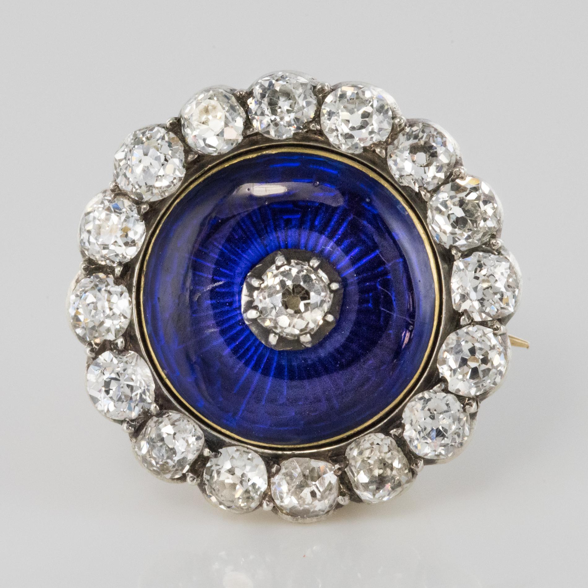 Gelb-Weigold-Brosche mit Diamanten und blauer Emaille aus dem 19. Jahrhundert im Angebot 1