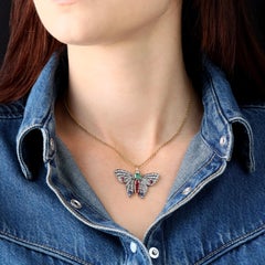 19th Century Diamond Emerald Ruby Sapphire 18 K Yellow Gold Butterfly Pendant
