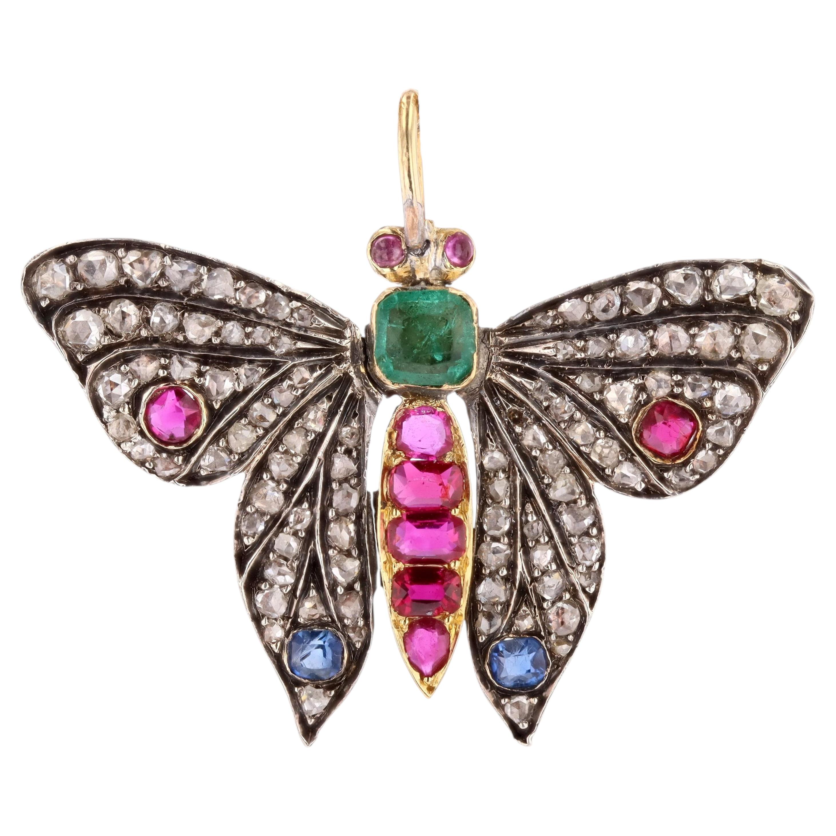 19th Century Diamond Emerald Ruby Sapphire 18 K Yellow Gold Butterfly Pendant