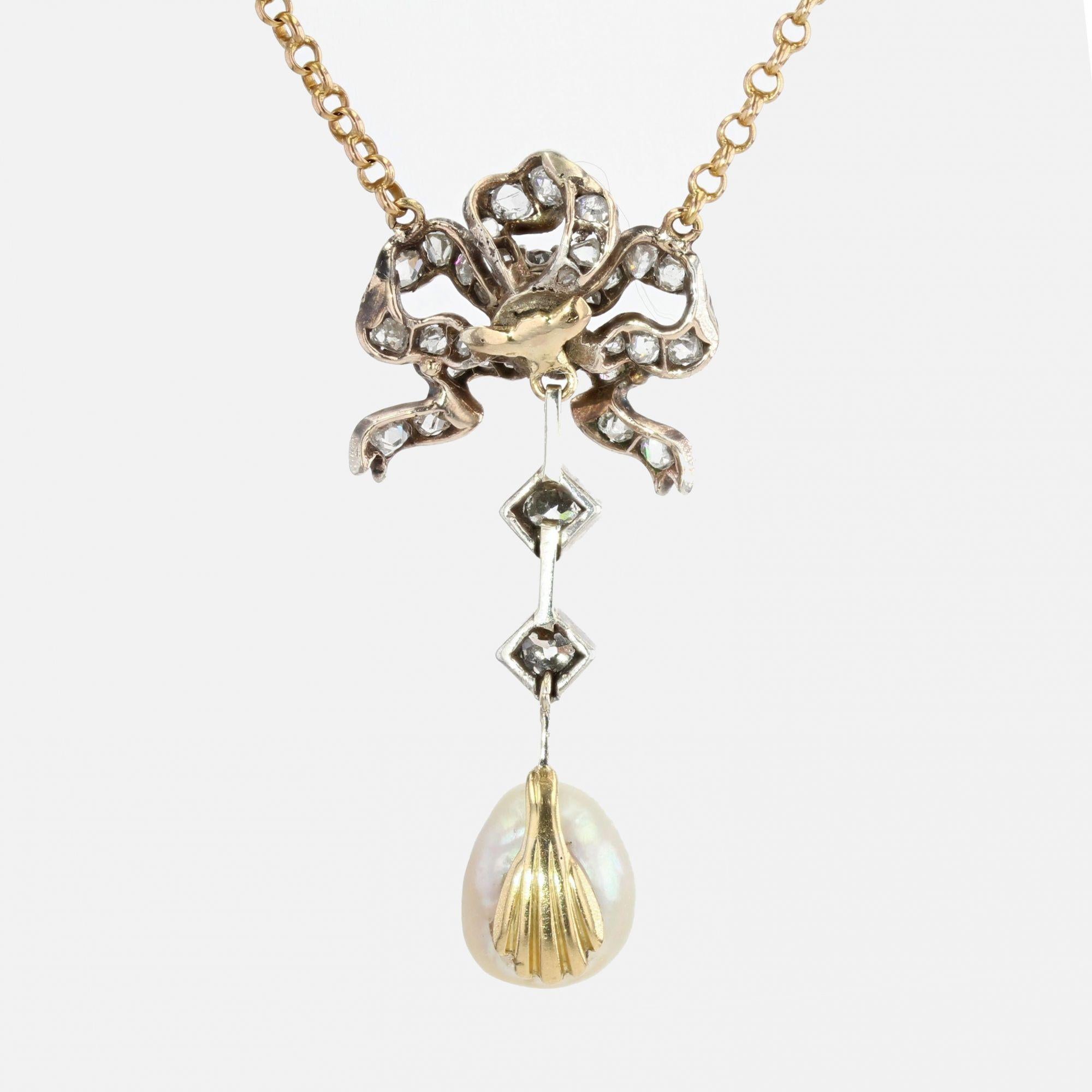 19th Century Diamond Knot Certified Natural Pearl 18 Karat Yellow Gold Necklace For Sale 3