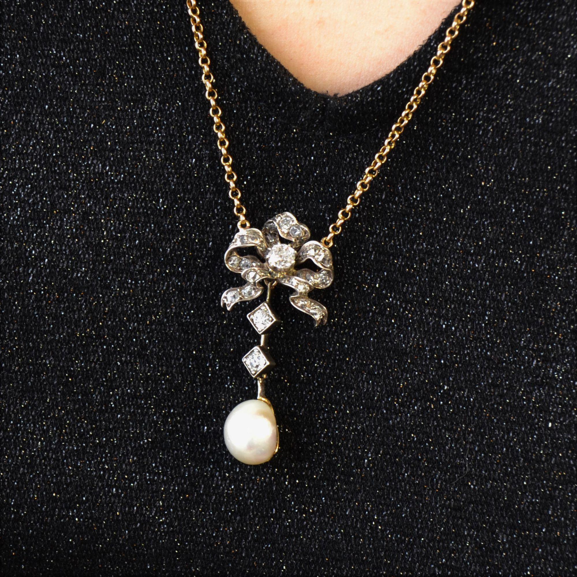 Bead 19th Century Diamond Knot Certified Natural Pearl 18 Karat Yellow Gold Necklace For Sale
