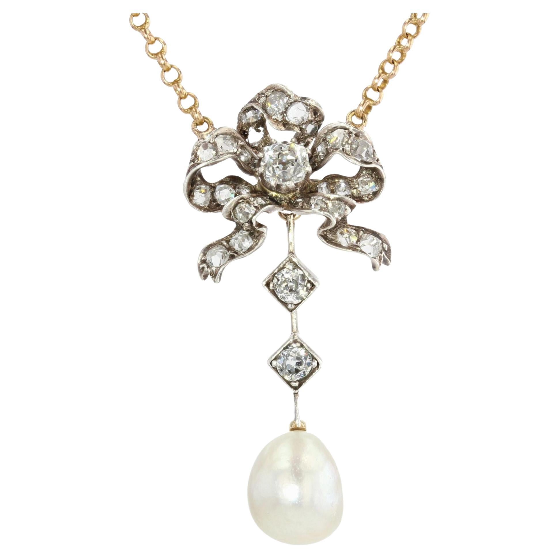 19th Century Diamond Knot Certified Natural Pearl 18 Karat Yellow Gold Necklace For Sale