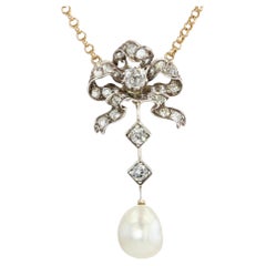 19th Century Diamond Knot Certified Natural Pearl 18 Karat Yellow Gold Necklace