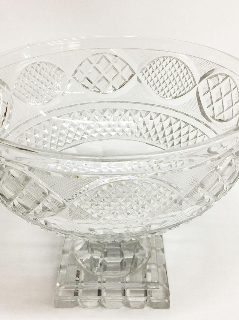 Crystal 19th Century Diamond Pattern Cut Glass Fruit Bowl Raised on Square Foot