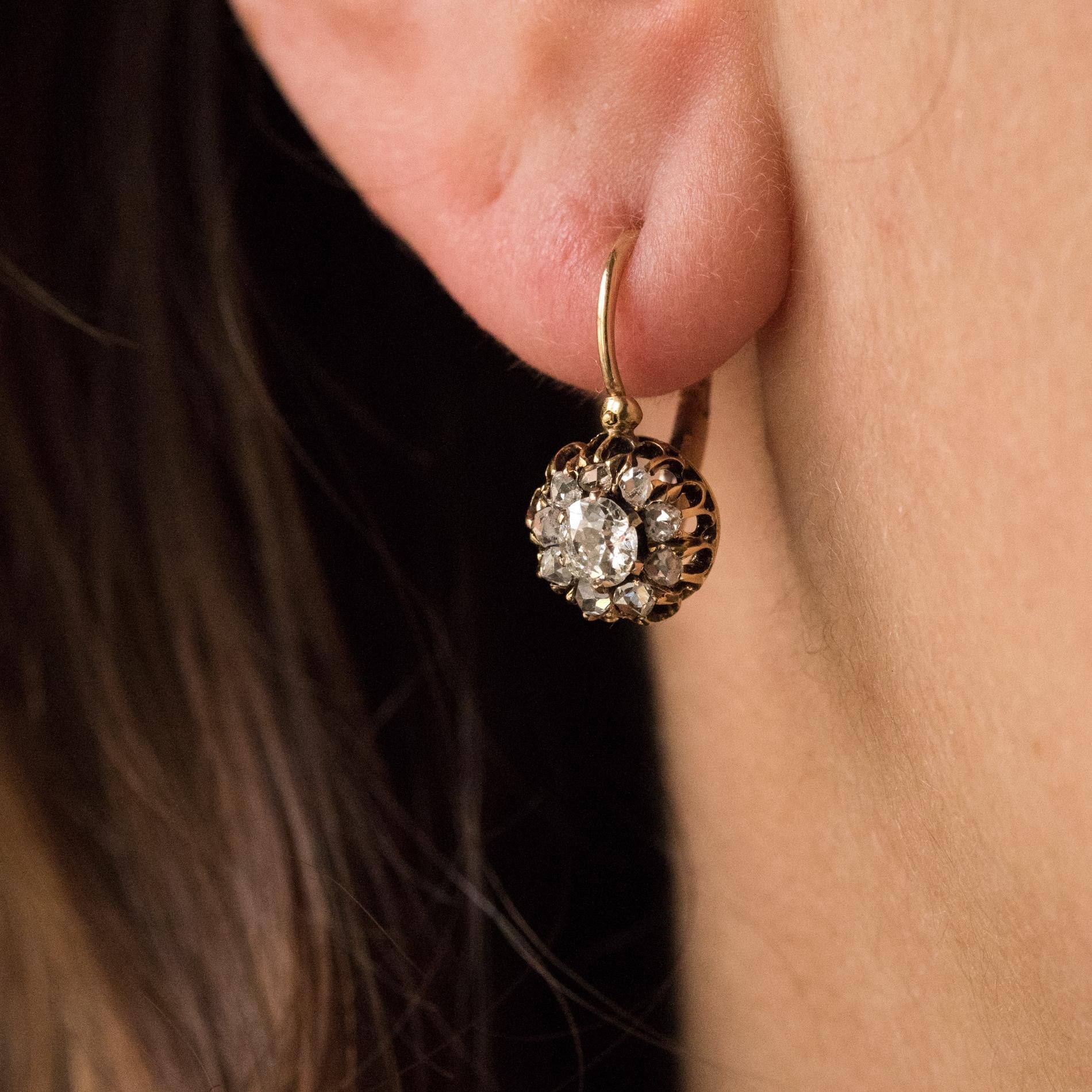19th Century Diamond Rose Gold Sleepers Earrings In Good Condition In Poitiers, FR