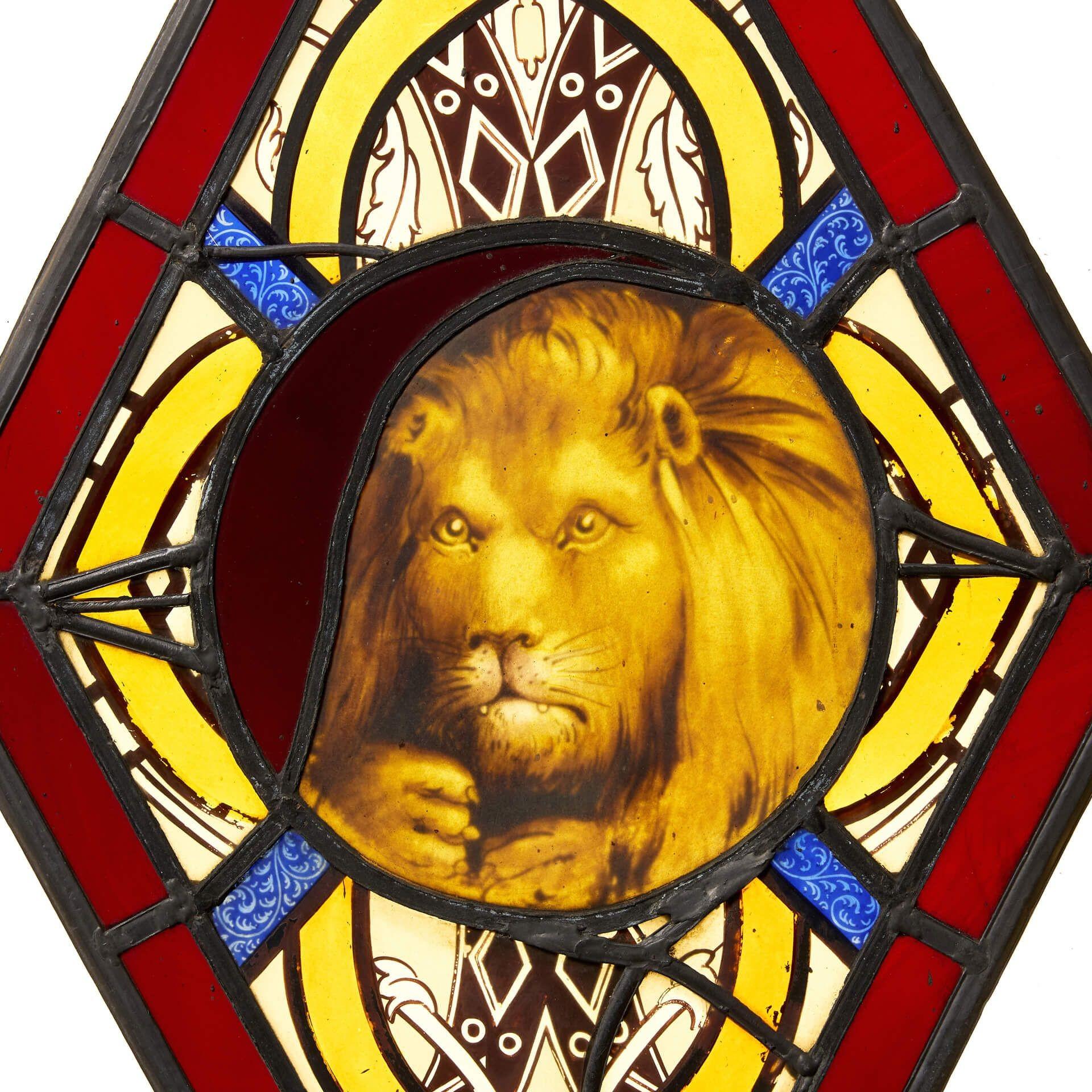Victorian 19th Century Diamond Shaped Stained Glass Panel with Lion For Sale