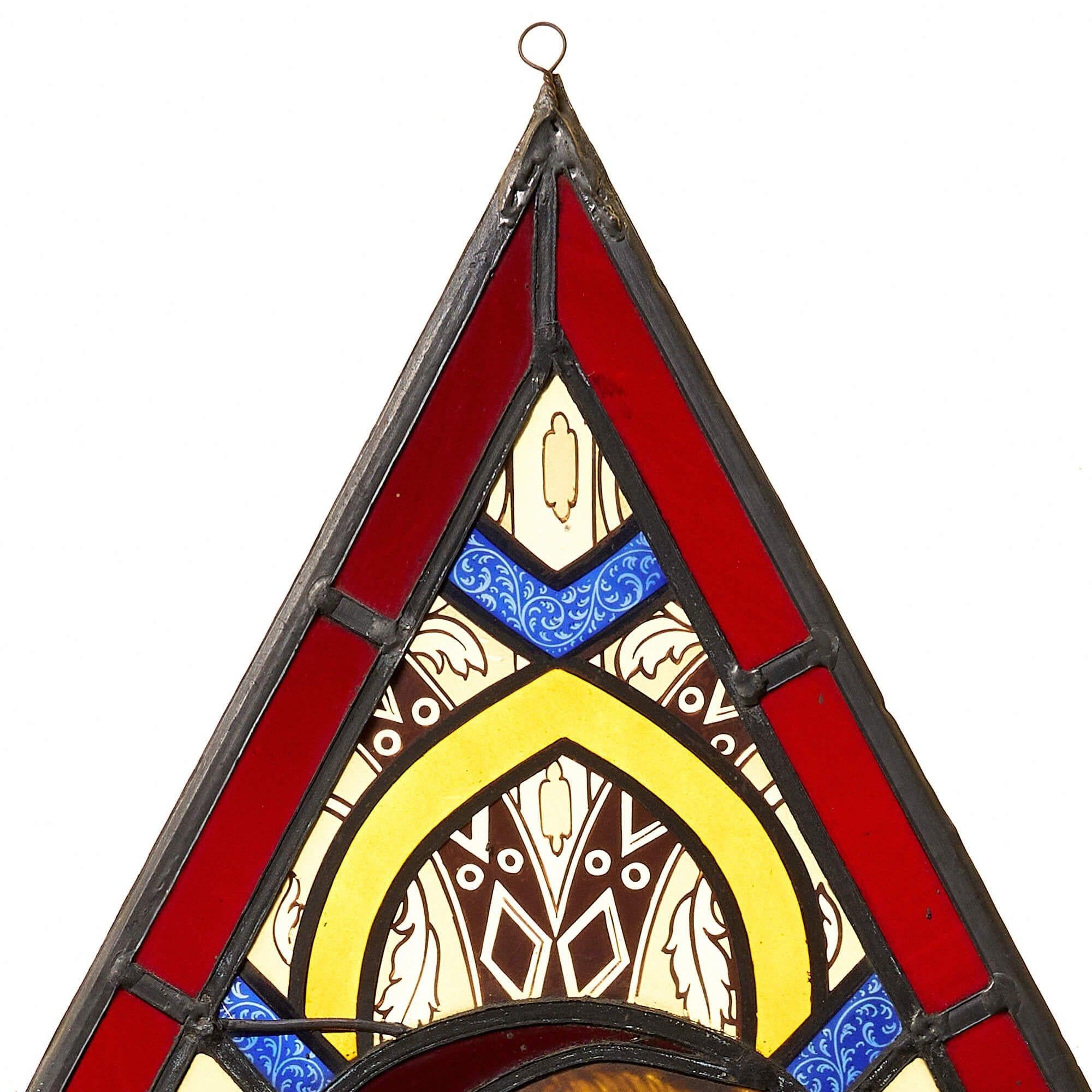 English 19th Century Diamond Shaped Stained Glass Panel with Lion For Sale