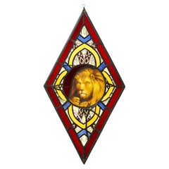 19th Century Diamond Shaped Stained Glass Panel with Lion