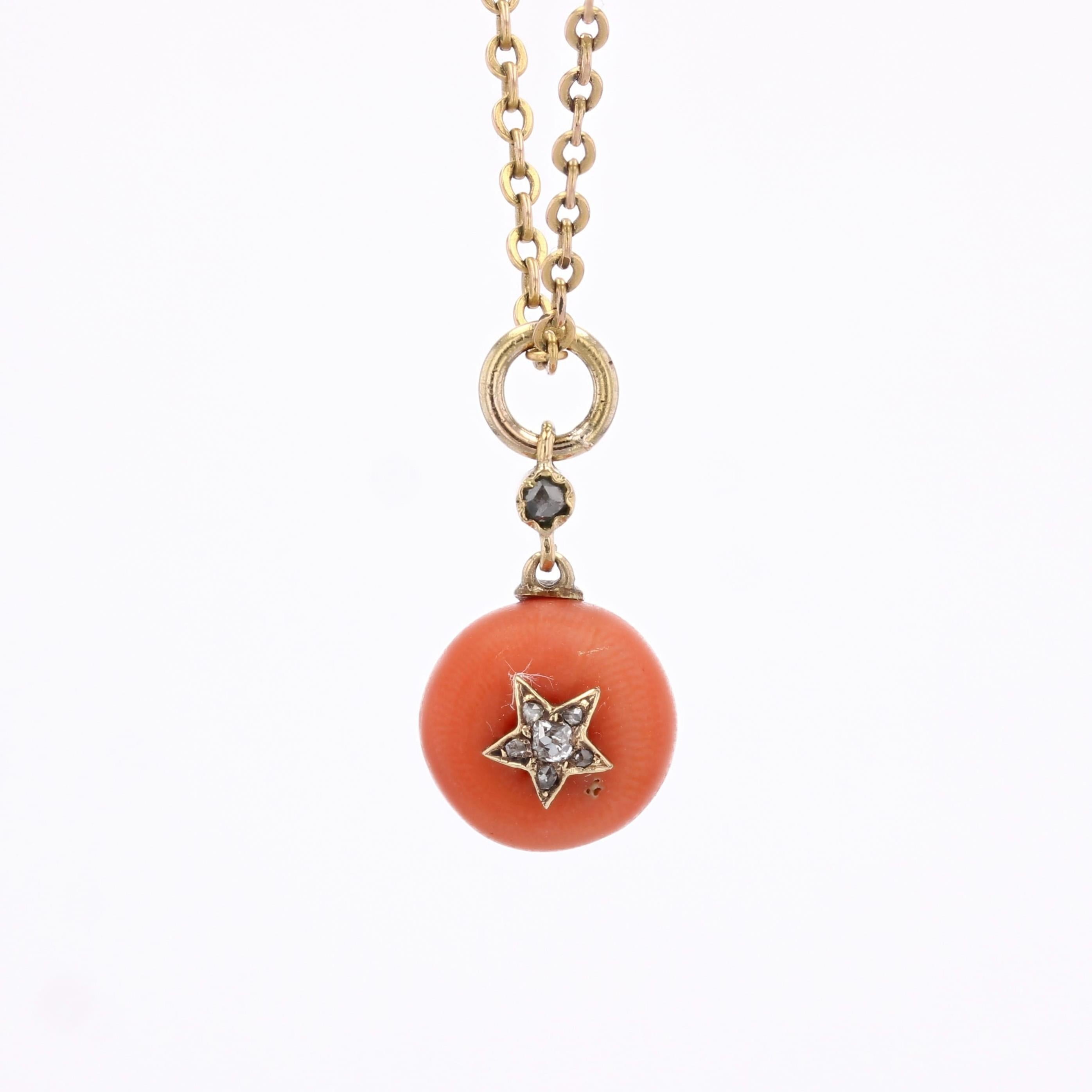 Pendentif en or jaune 18 carats avec breloque en corail et étoile en diamant du 19e siècle en vente 1