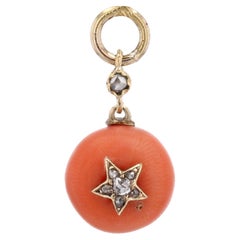 19th Century Diamond Star 18 Karat Yellow Gold Coral Bead Charm Pendant